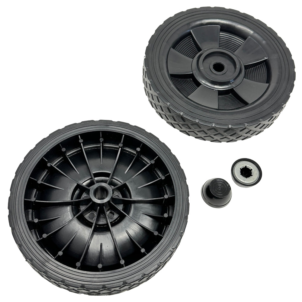 696569 - 2 Wheel Kit - 7" for 1/2" Axle, Black Plastic Wheels w/ Rubber Tread, includes Axle Caps