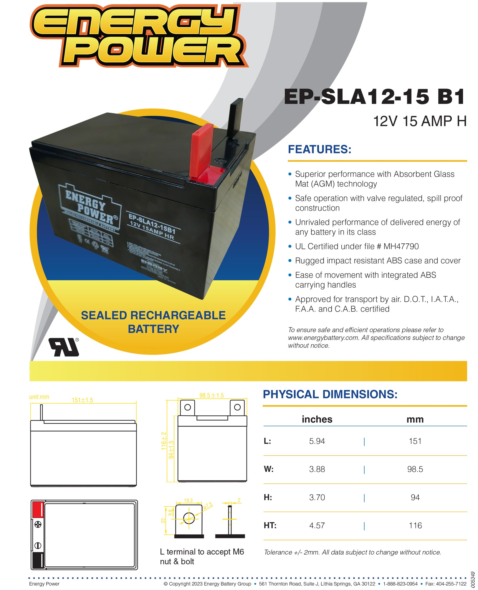 Energy Power 12V, 15AH SLA AGM Battery - B1 Terminals (M6 Nut & Bolt)