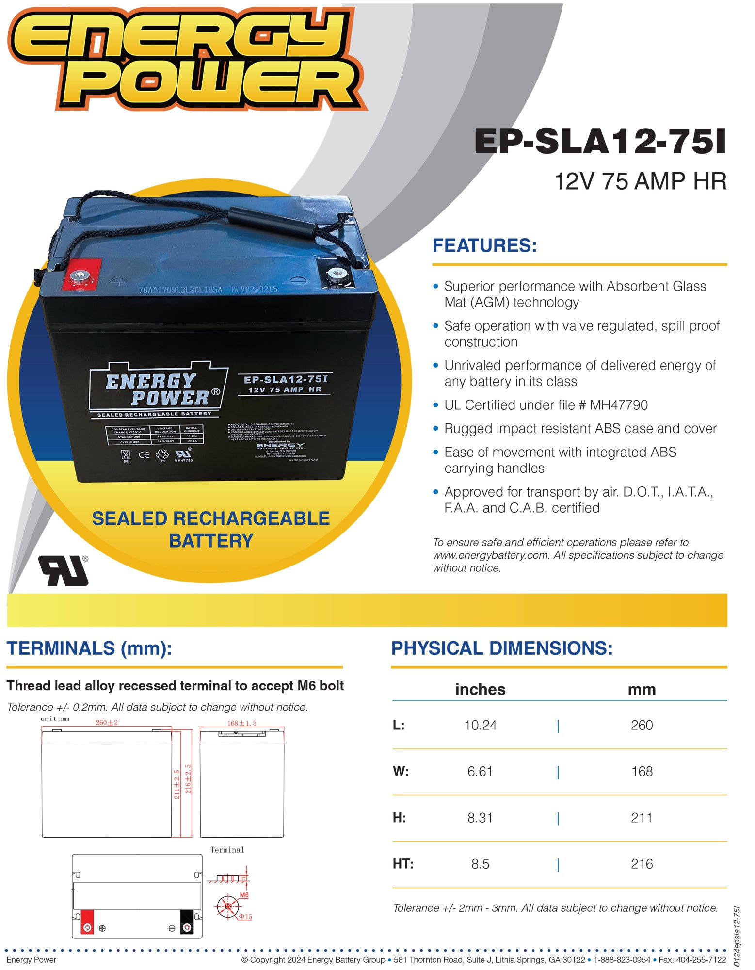 Energy Power 12V, 75AH SLA AGM Battery (24) - Internal Threaded Terminals (M6)