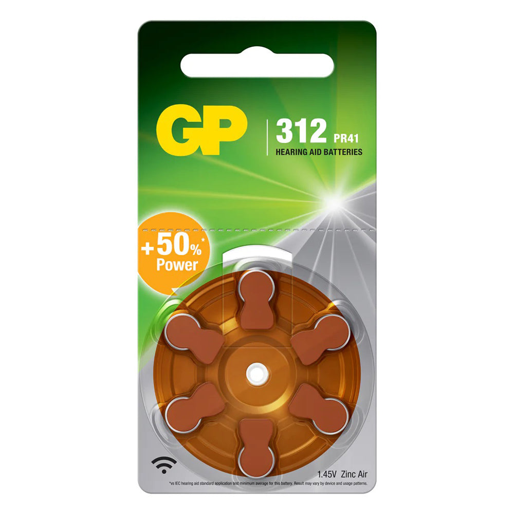 GP-312HA-6 - GP Size 312 Brown Tab Hearing Aid Batteries - card of 6