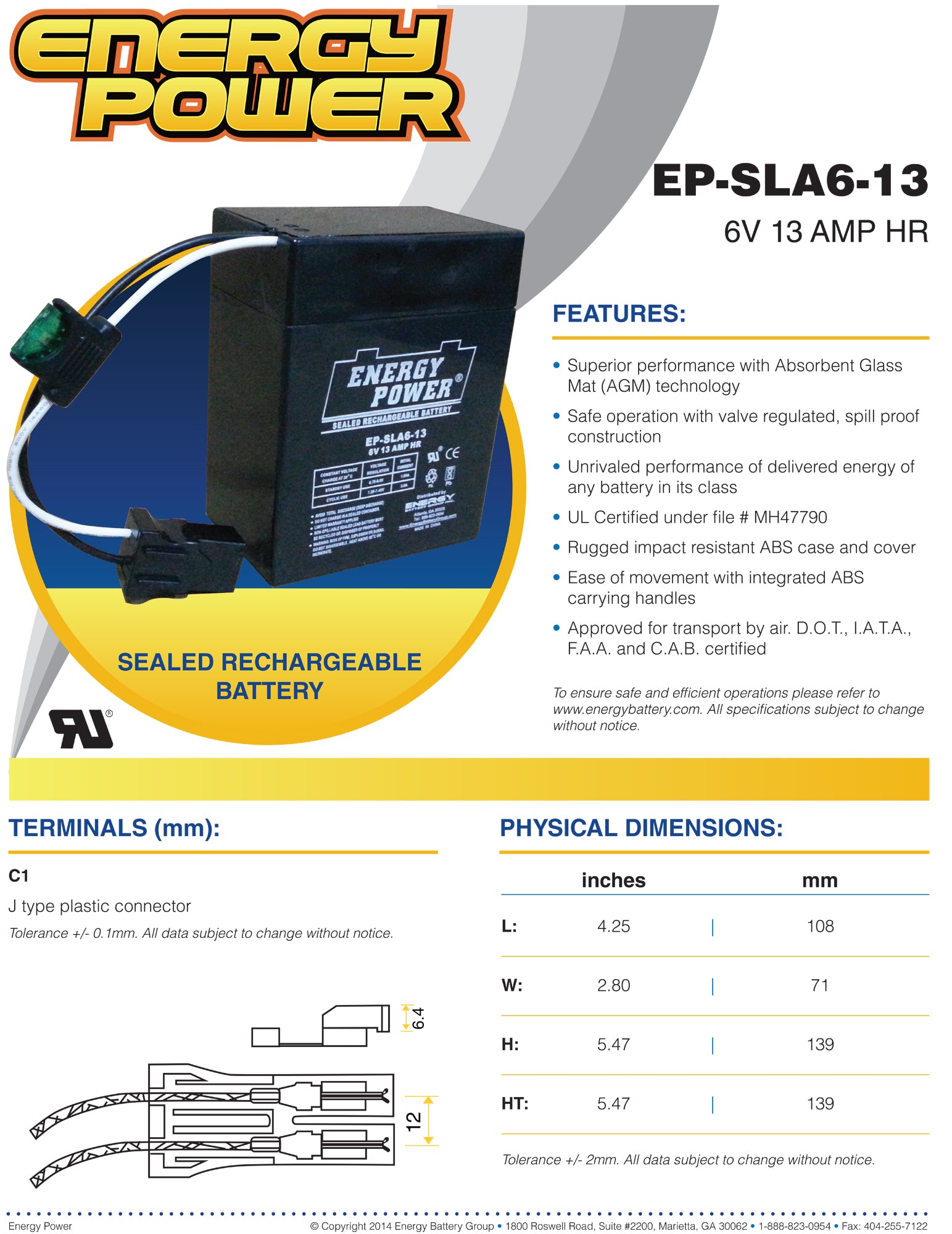 Energy Power 6V, 13AH SLA AGM Battery for Power Wheels Riding Toys