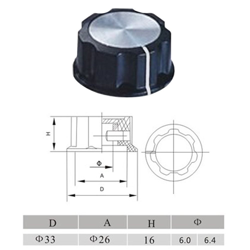 696039 - Knob, Black Plastic Round Fluted Style w/Set Screw, 1-5/16" OD, 1/4" Shaft