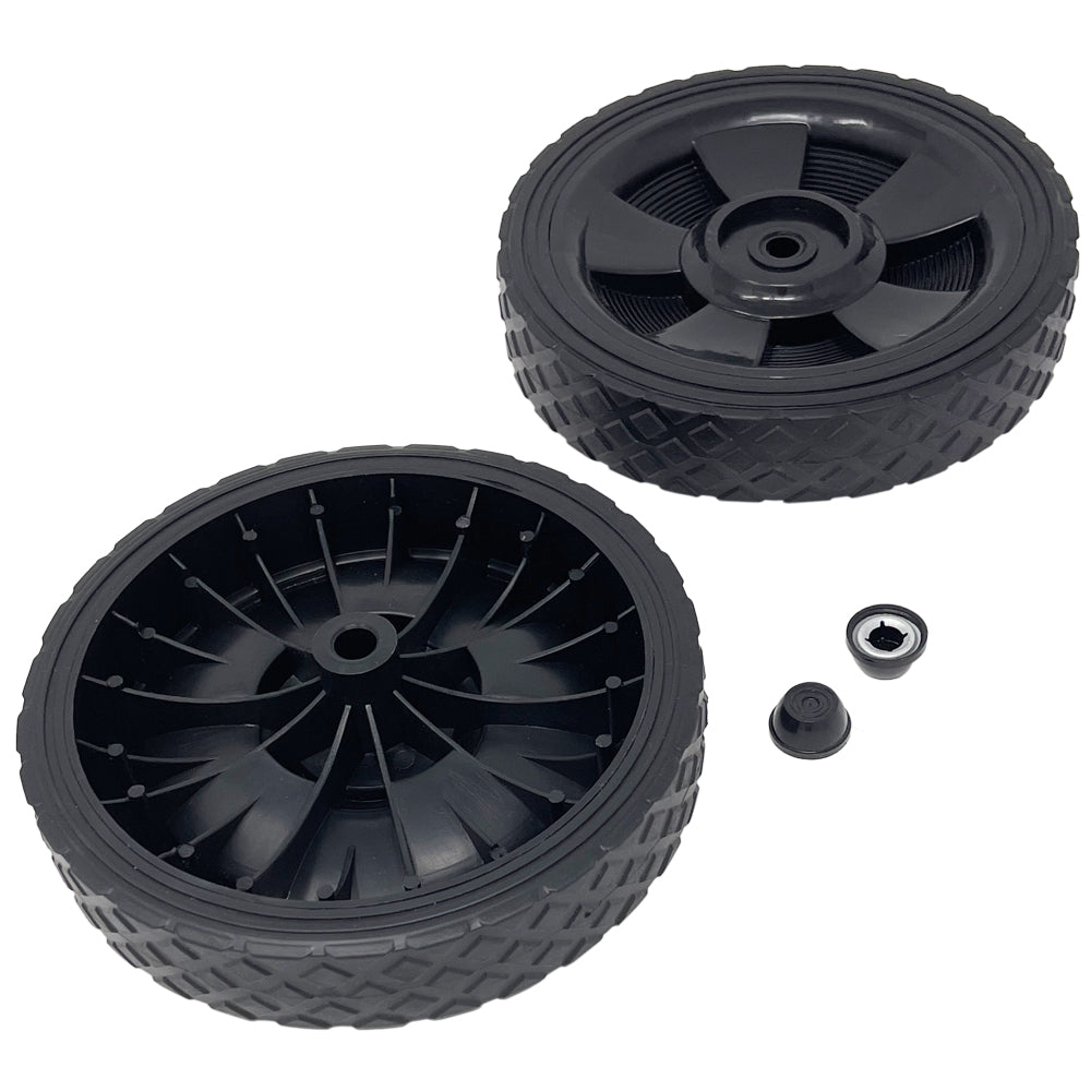696565 - 2 Wheel Kit - 7" for 3/8" Axle, Black Plastic Wheels w/ Rubber Tread, includes Axle Caps