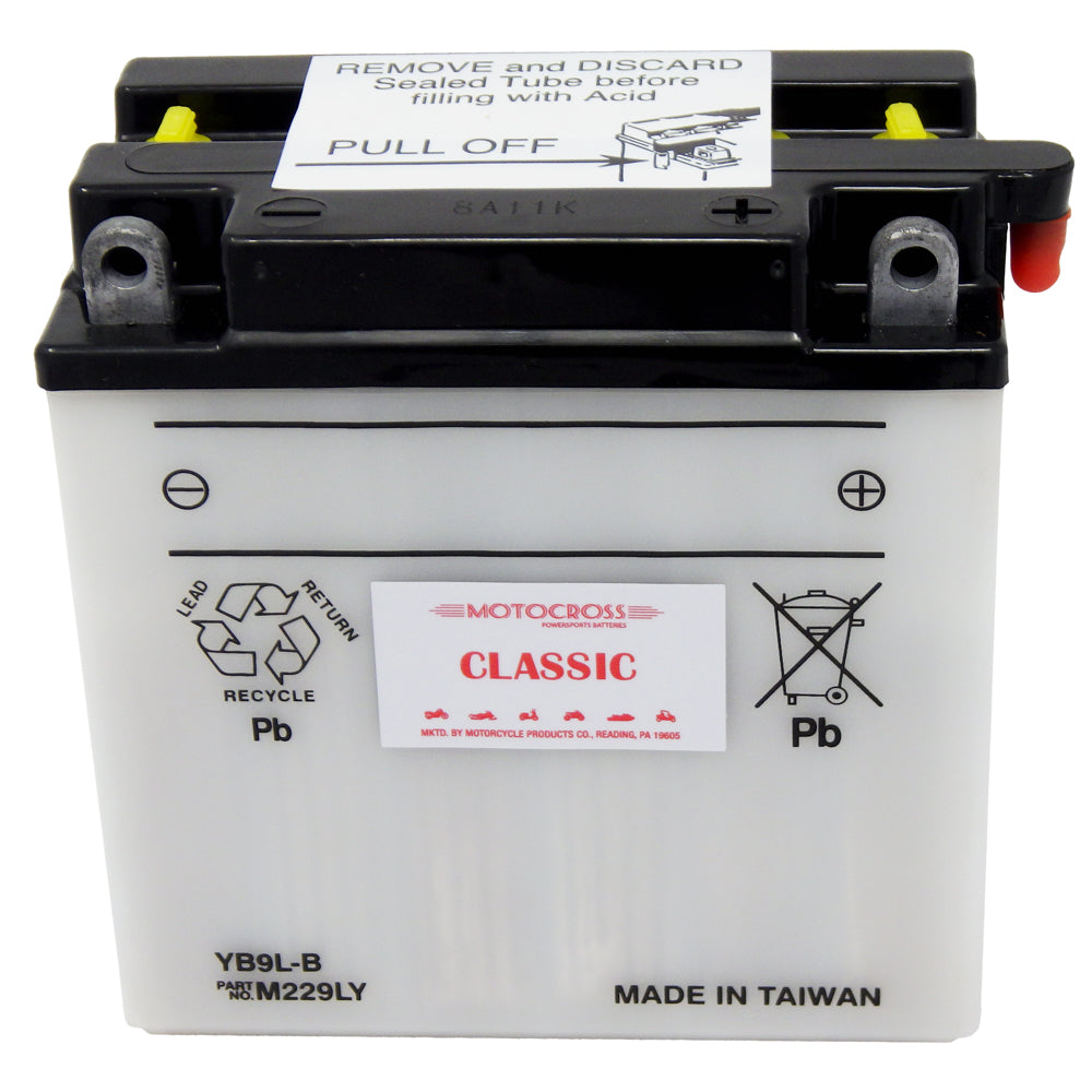 YB9L- B High Perf Conv 12V MC Battery, Dry Charged 9 AH, M229LY