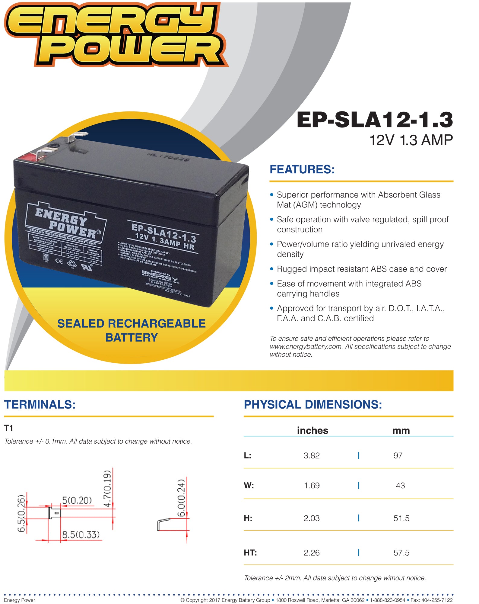 Energy Power 12V, 1.3AH SLA AGM Battery - T1 Push-on Terminals (.187")