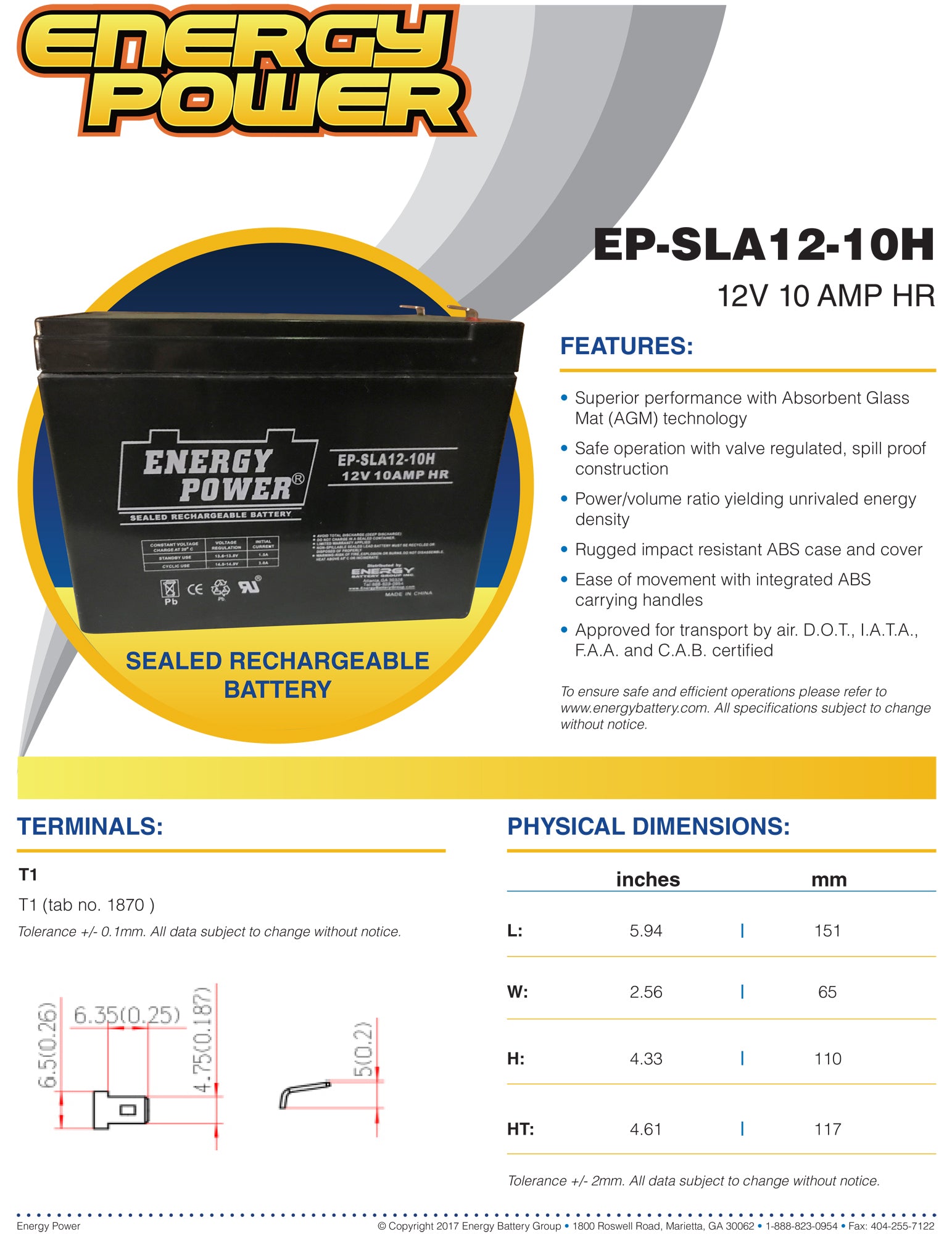 Energy Power 12V, 10AH SLA AGM Battery - T1 Push-on Terminals (.187")