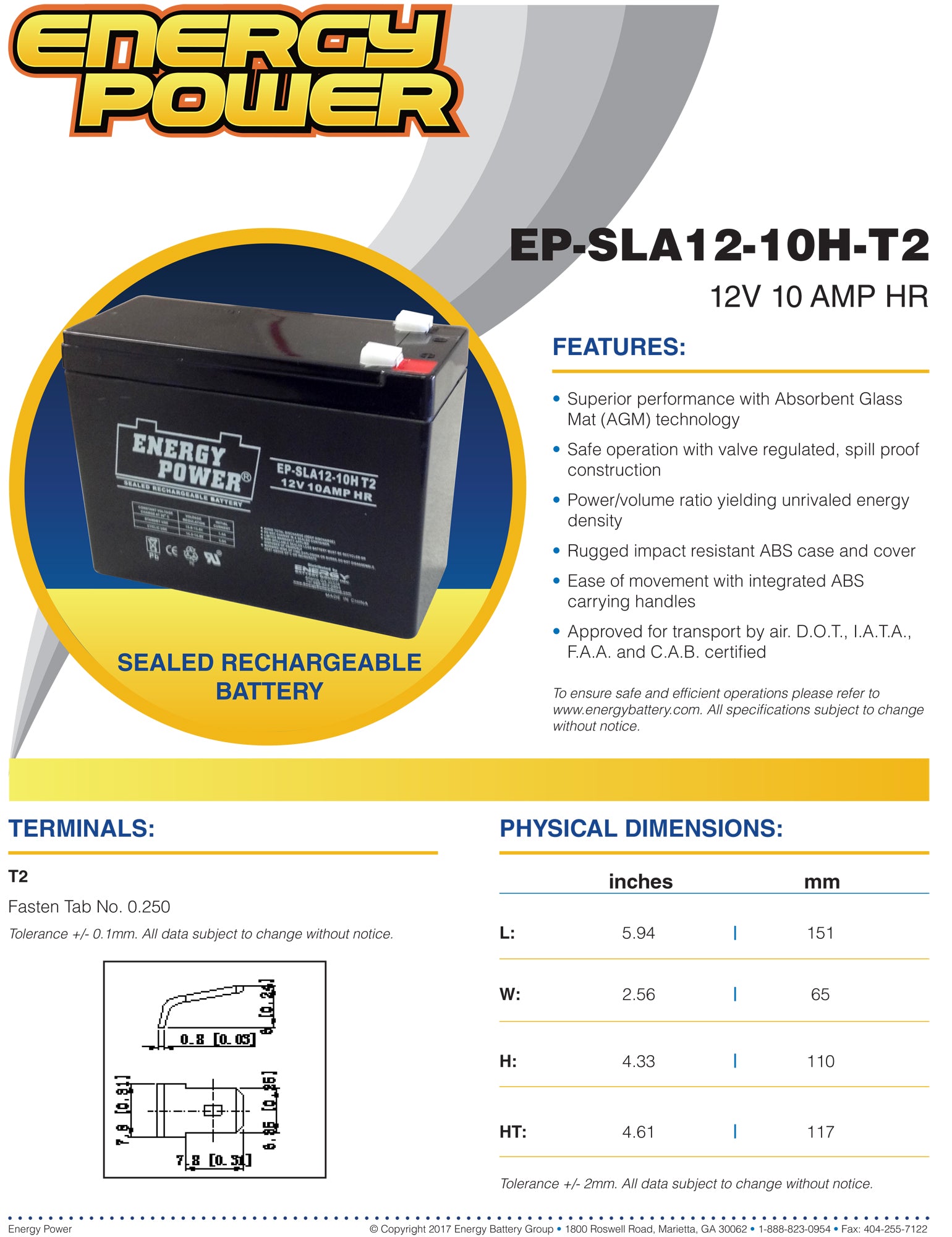 Energy Power 12V, 10AH SLA AGM Battery - T2 Push-on Terminals (.250")
