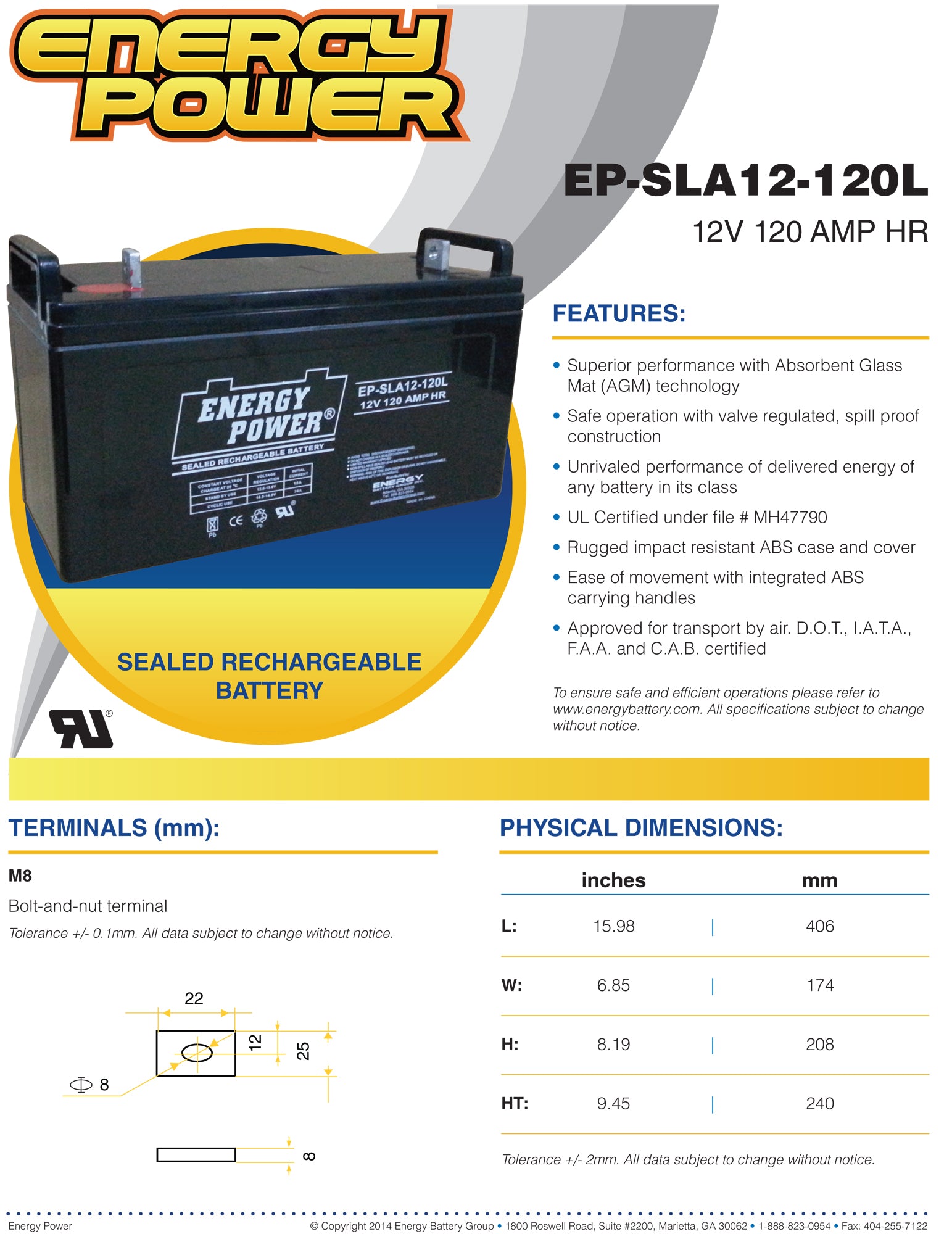 Energy Power 12V, 120AH SLA AGM Battery - L Terminals (M8)