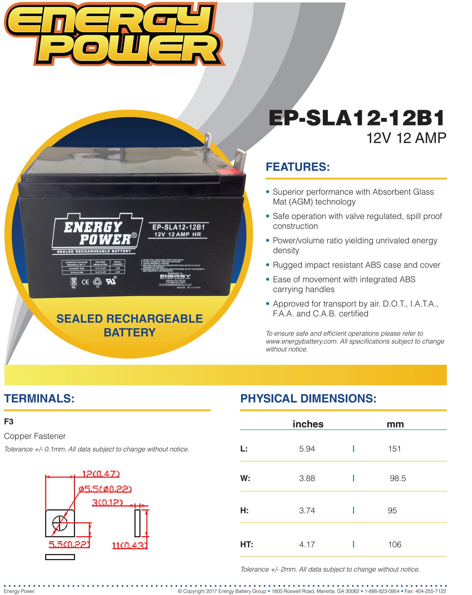 Energy Power 12V, 12AH SLA AGM Battery - B1 Terminals (M5 Nut & Bolt)