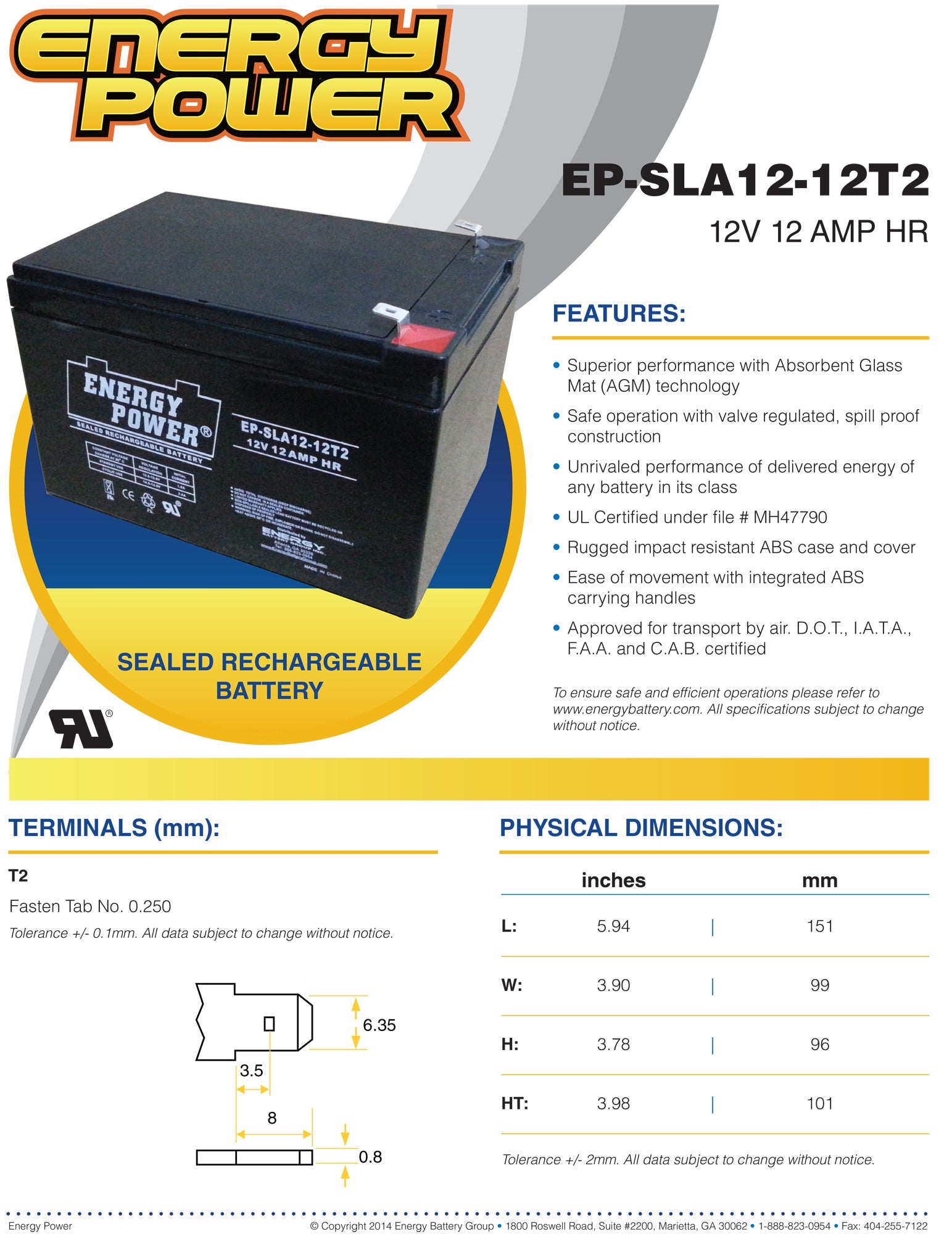 Energy Power 12V, 12AH SLA AGM Battery - T2 Push-on Terminals (.250")