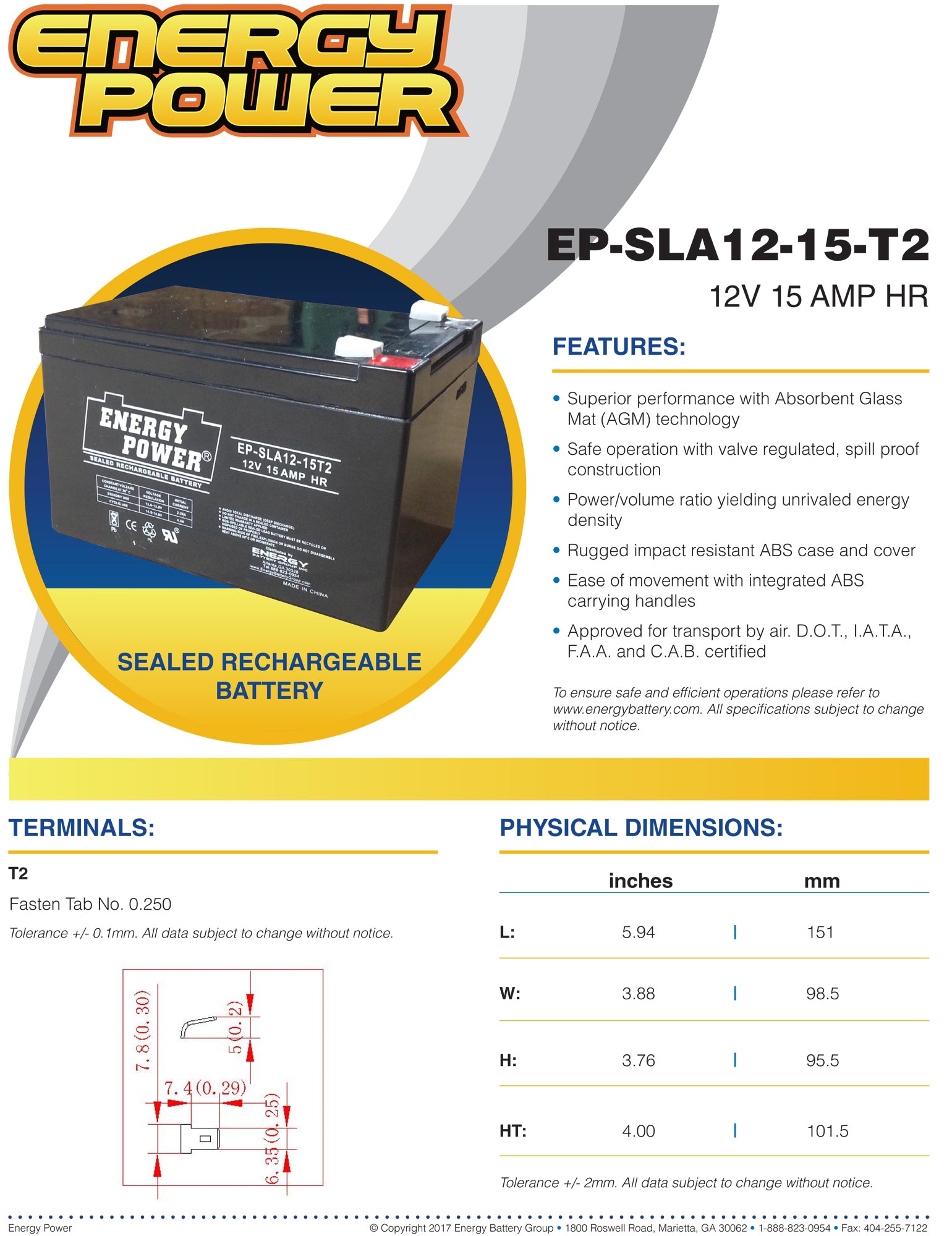 Energy Power 12V, 15AH SLA AGM Battery - T2 Push-on Terminals (.250")
