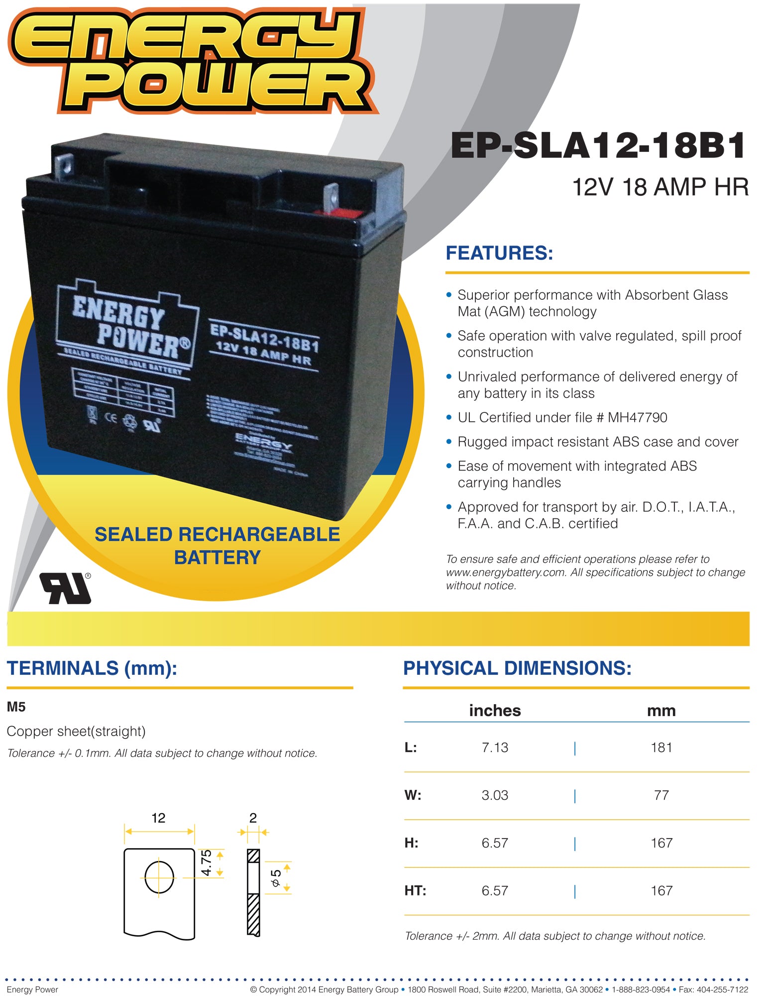 Energy Power 12V, 18AH SLA AGM Battery - B1 Terminals (M5 Nut & Bolt)