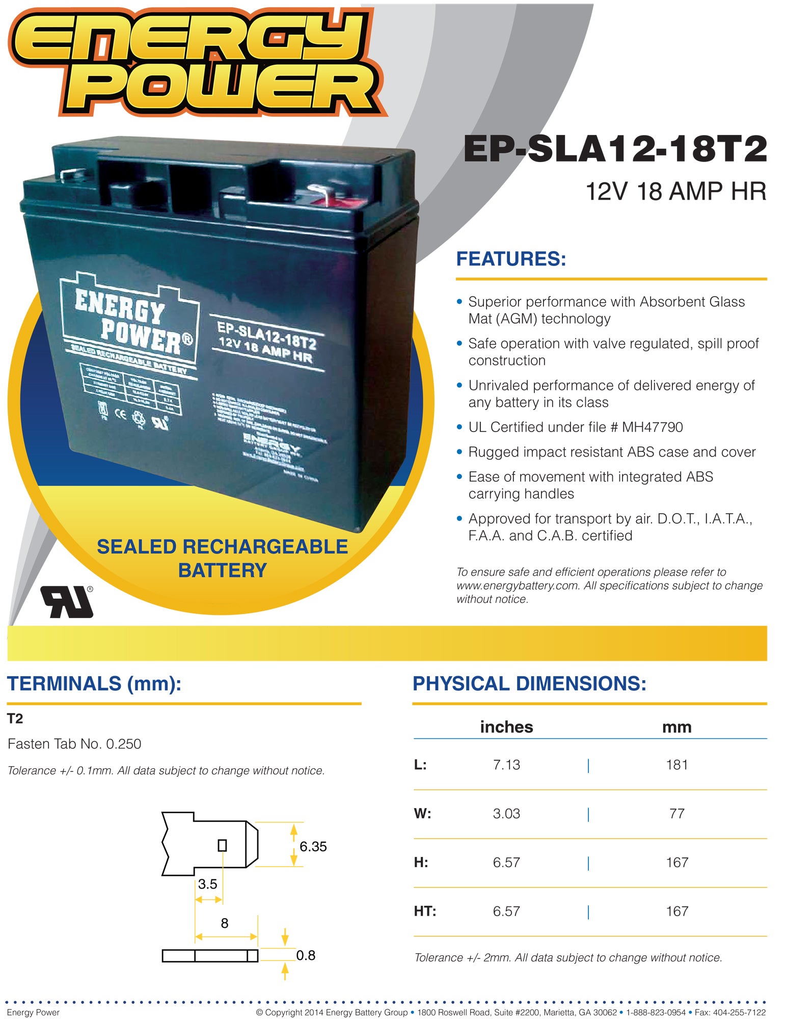 Energy Power 12V, 18AH SLA AGM Battery - T2 Push-on Terminals (.250")