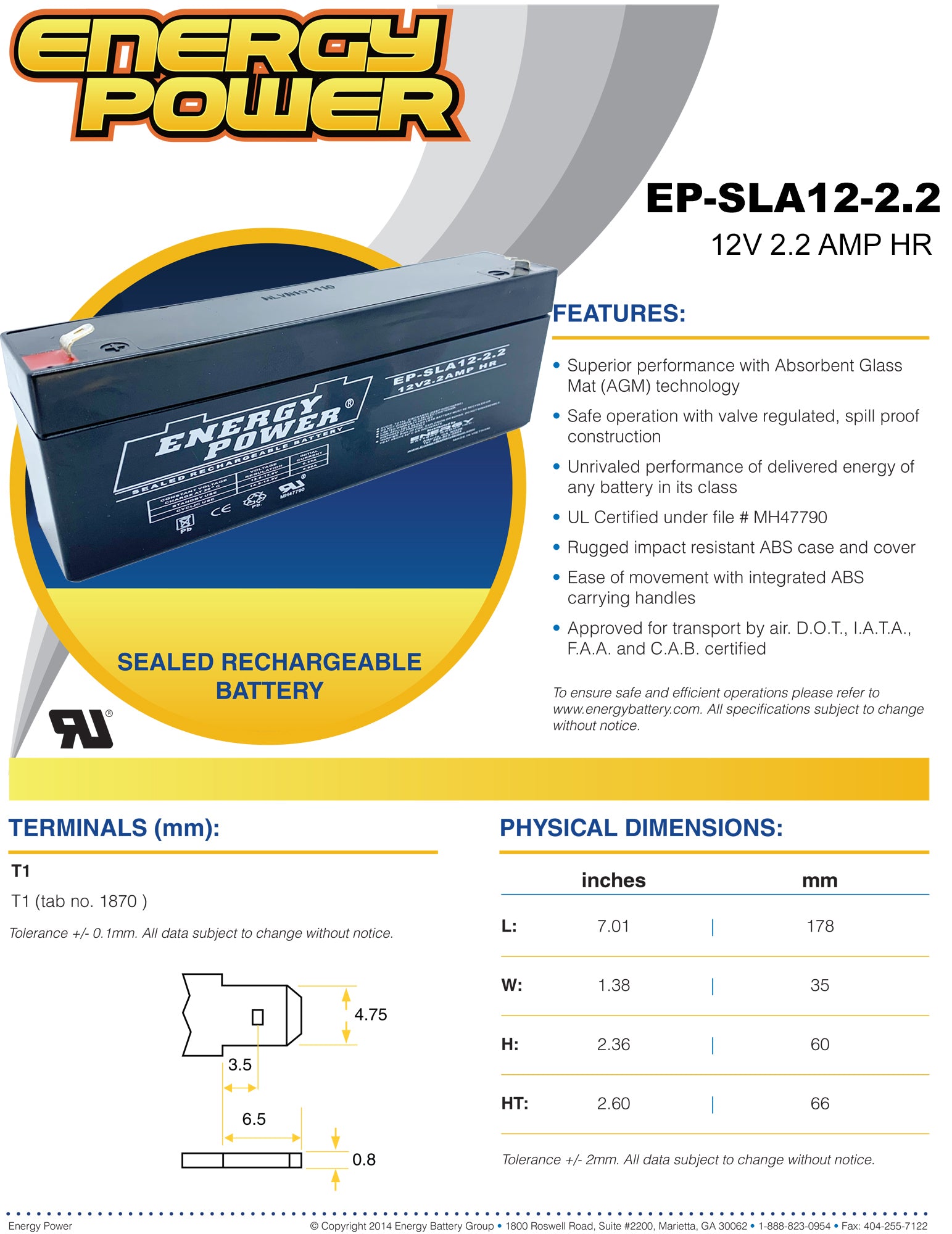 Energy Power 12V, 2.2AH SLA AGM Battery - T1 Push-on Terminals (.187")