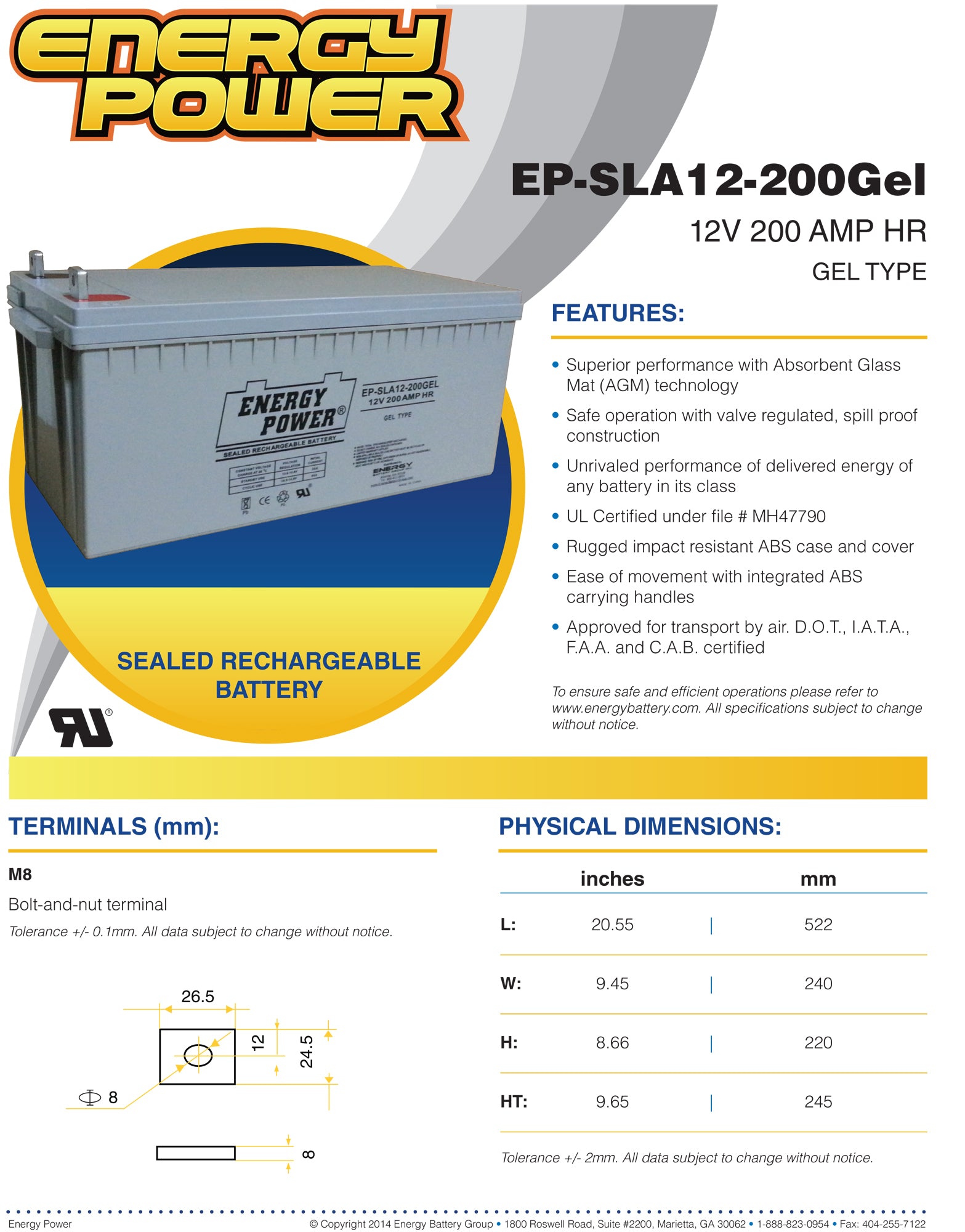 Energy Power 12V, 200AH SLA GEL Battery - B1 Terminals (M8 Nut & Bolt)
