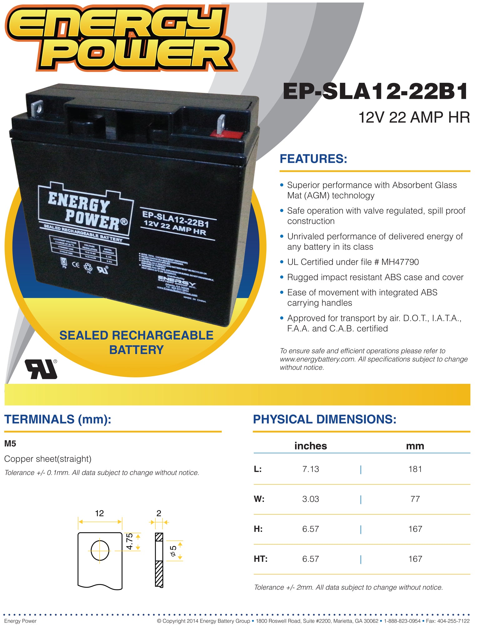 Energy Power 12V, 22AH SLA AGM Battery - N/B (M5)