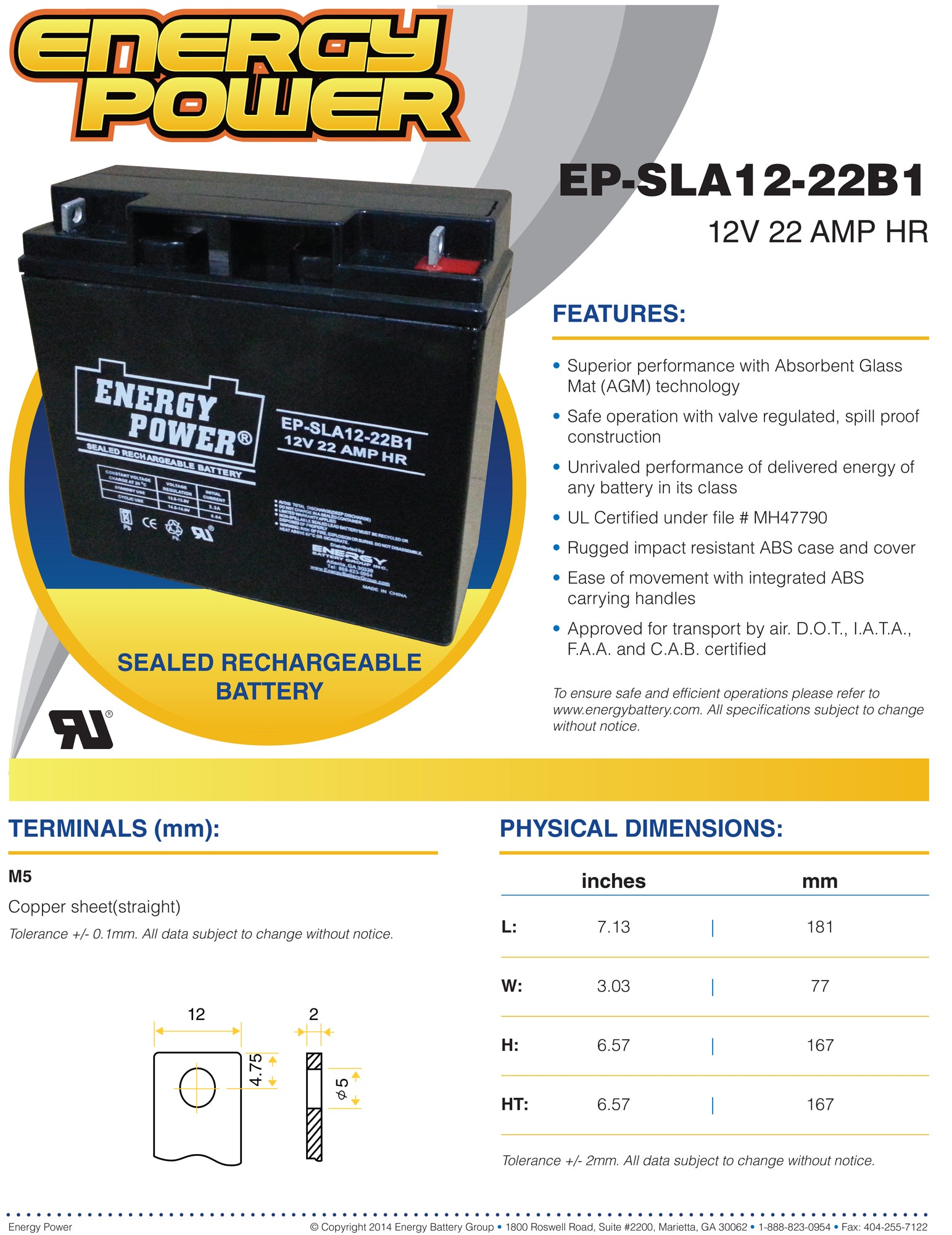 Energy Power 12V, 22AH SLA AGM Battery - B1 Terminals (M5 Nut & Bolt)