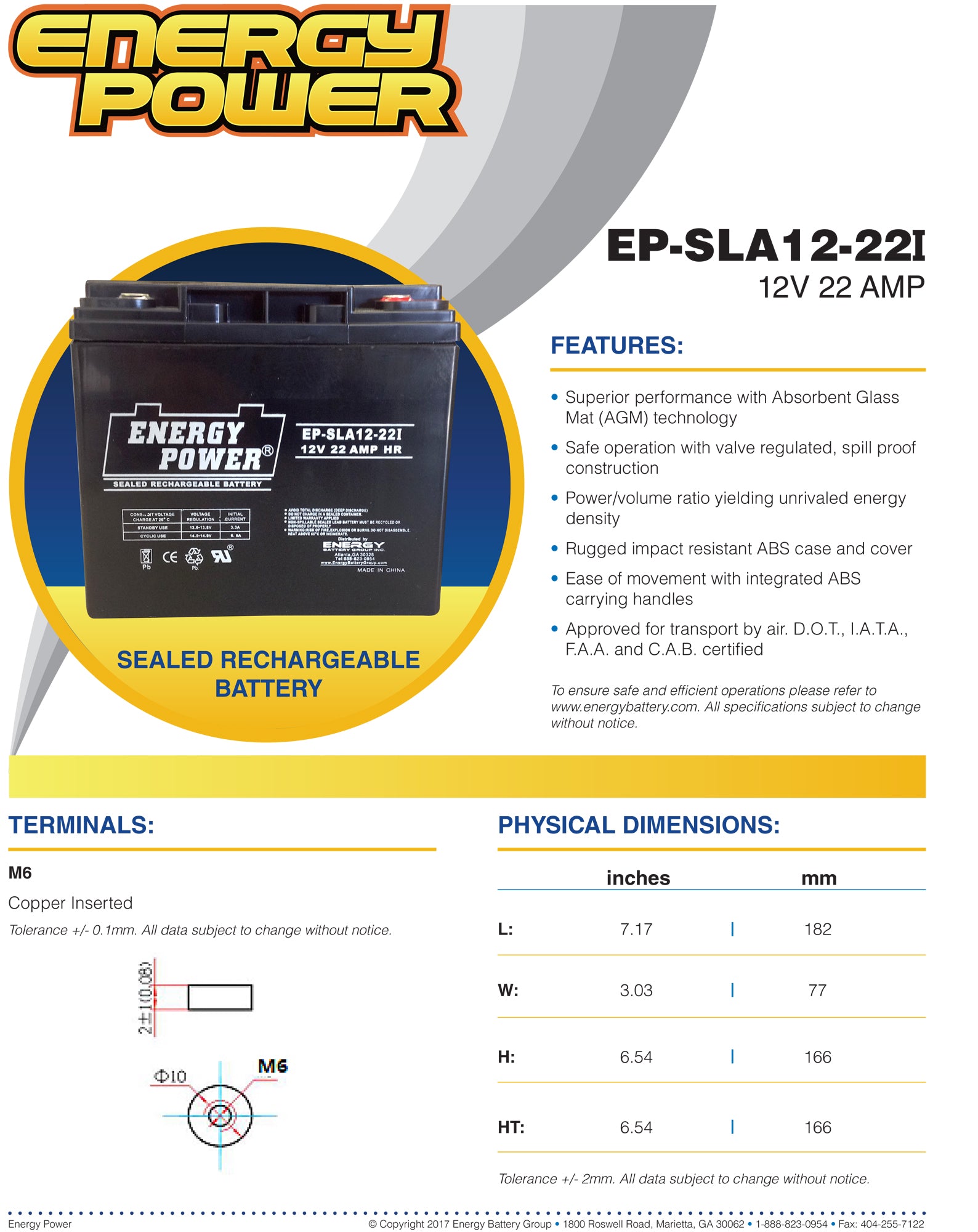 Energy Power 12V, 22AH SLA AGM Battery - Internal Threaded Terminals (M6)