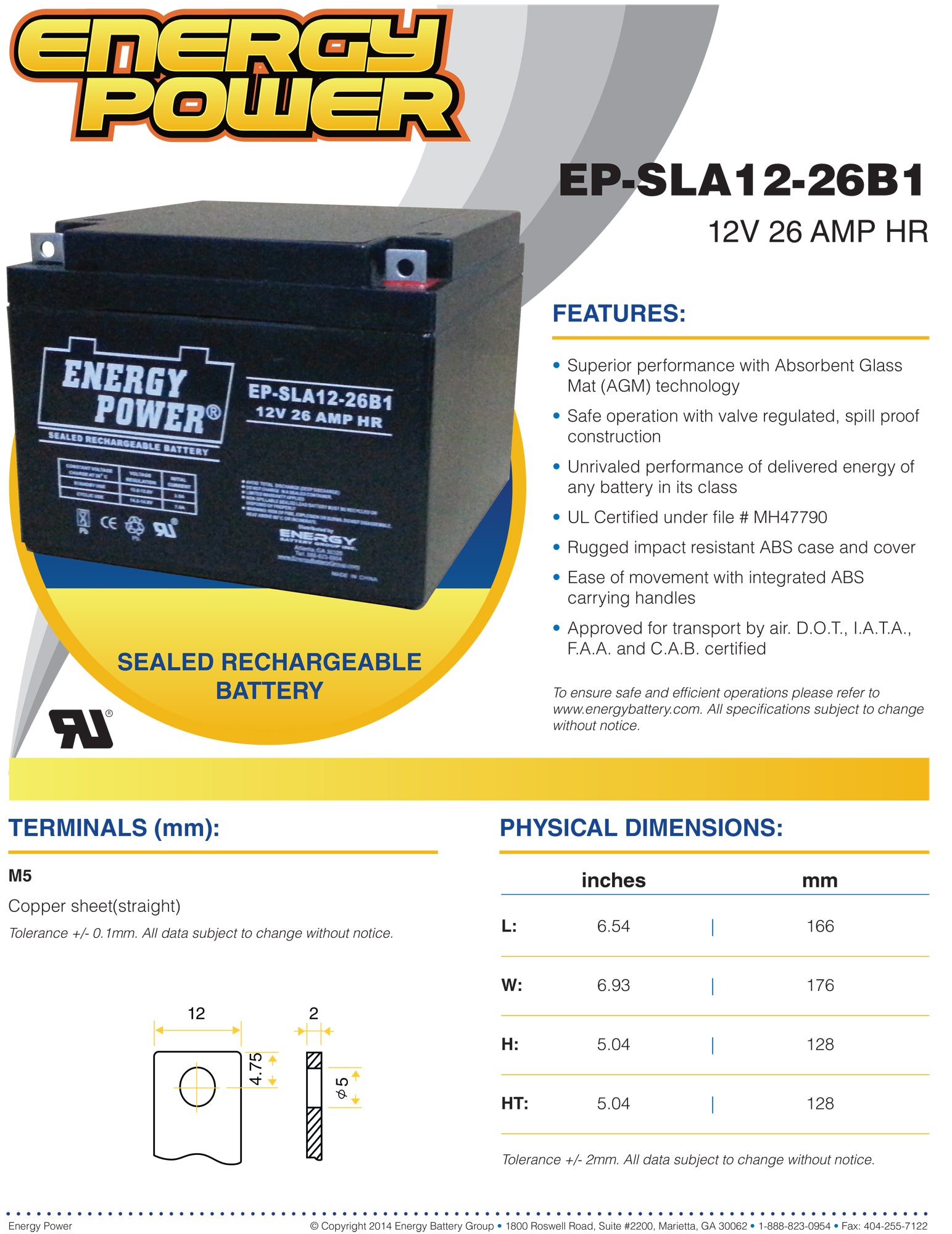 Energy Power 12V, 26AH SLA AGM Battery - B1 Terminals (M5 Nut & Bolt)