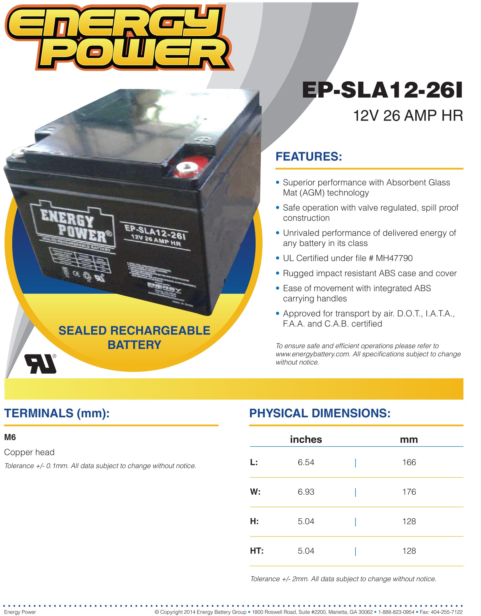 Energy Power 12V, 26AH SLA AGM Battery - Internal Threaded Terminals (M6)