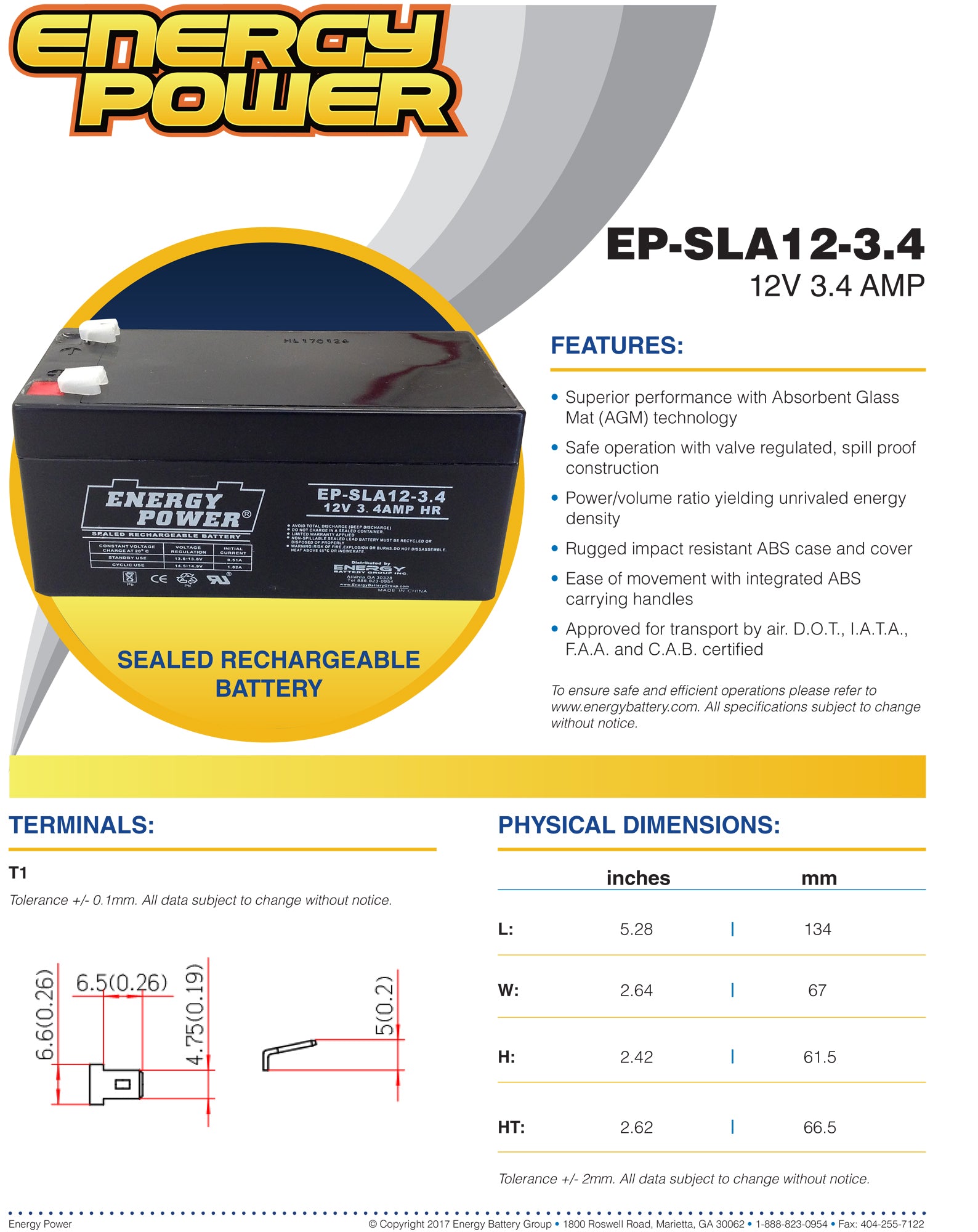 Energy Power 12V, 3.4AH SLA AGM Battery - T1 Push-on Terminals (.187")