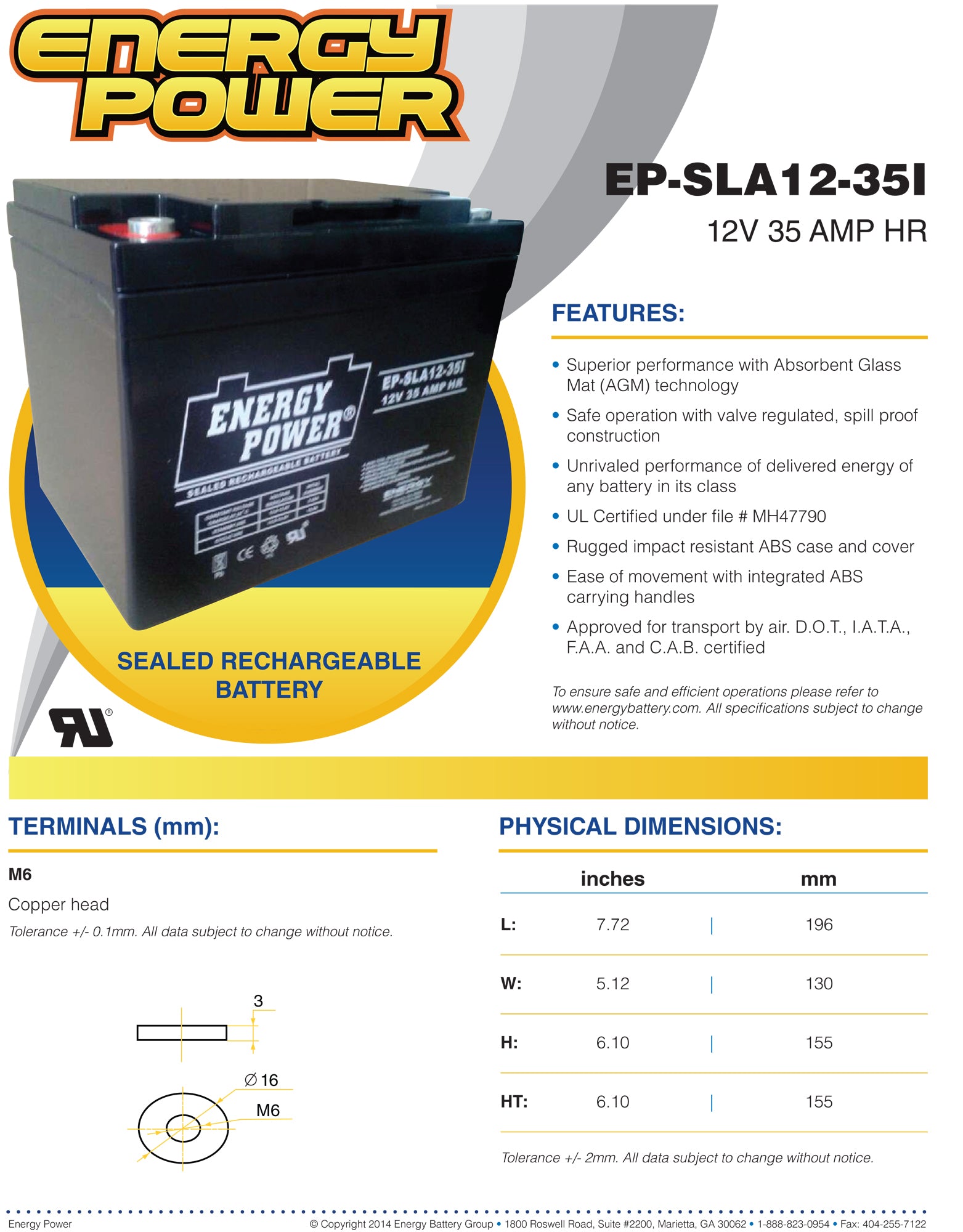 Energy Power 12V, 35AH SLA AGM Battery (U1L) - Internal Threaded Terminals (M6)