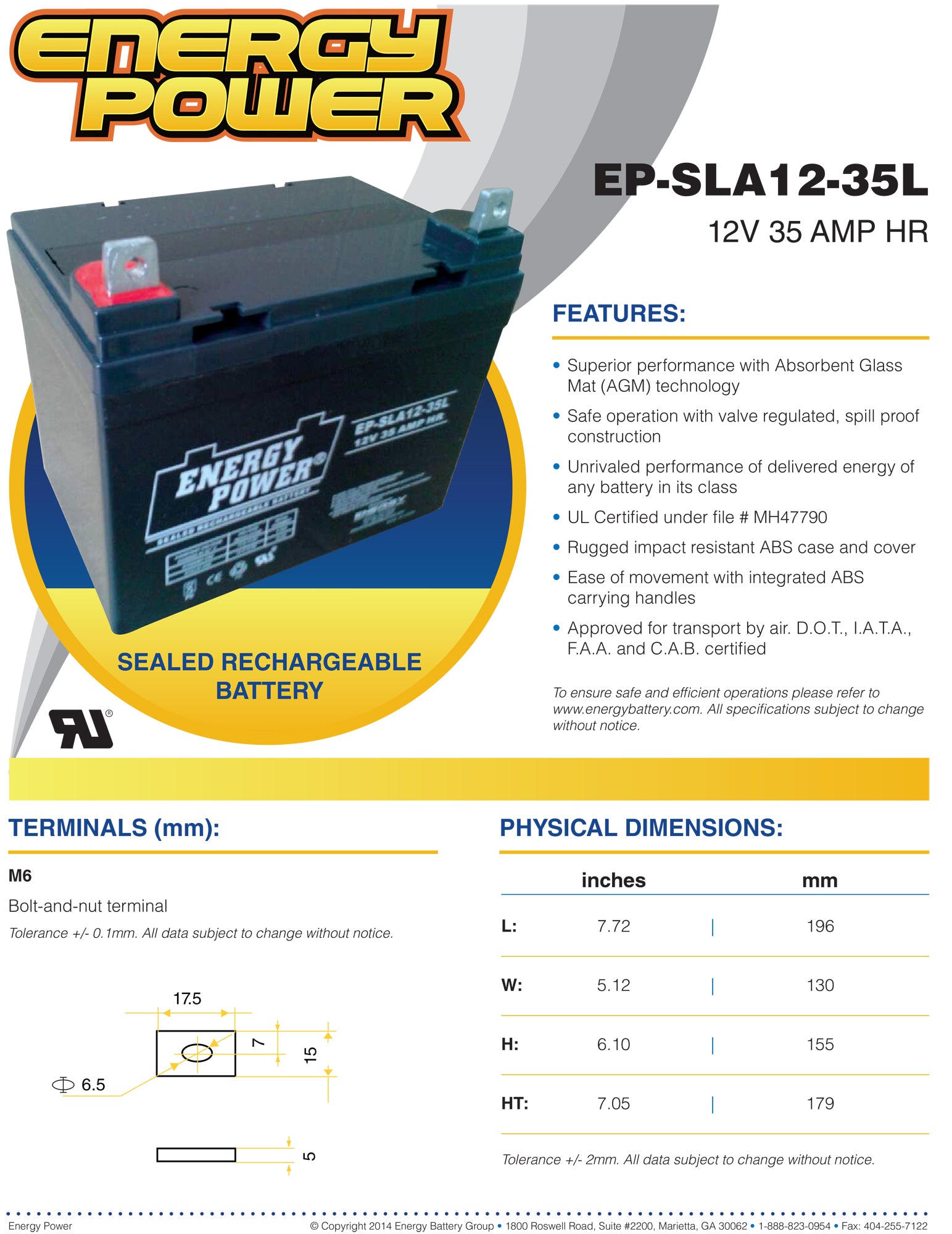 Energy Power 12V, 35AH SLA AGM Battery (U1L) - L Terminals (M6)