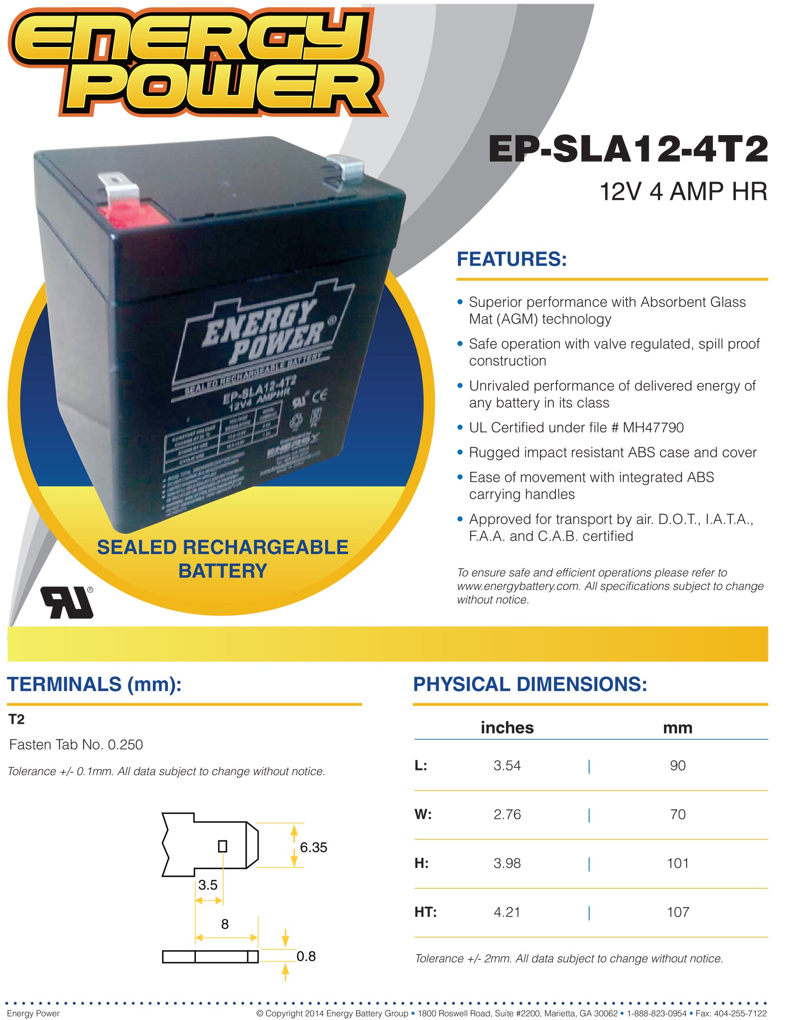 Energy Power 12V, 4AH SLA AGM Battery - T2 Push-on Terminals (.250")