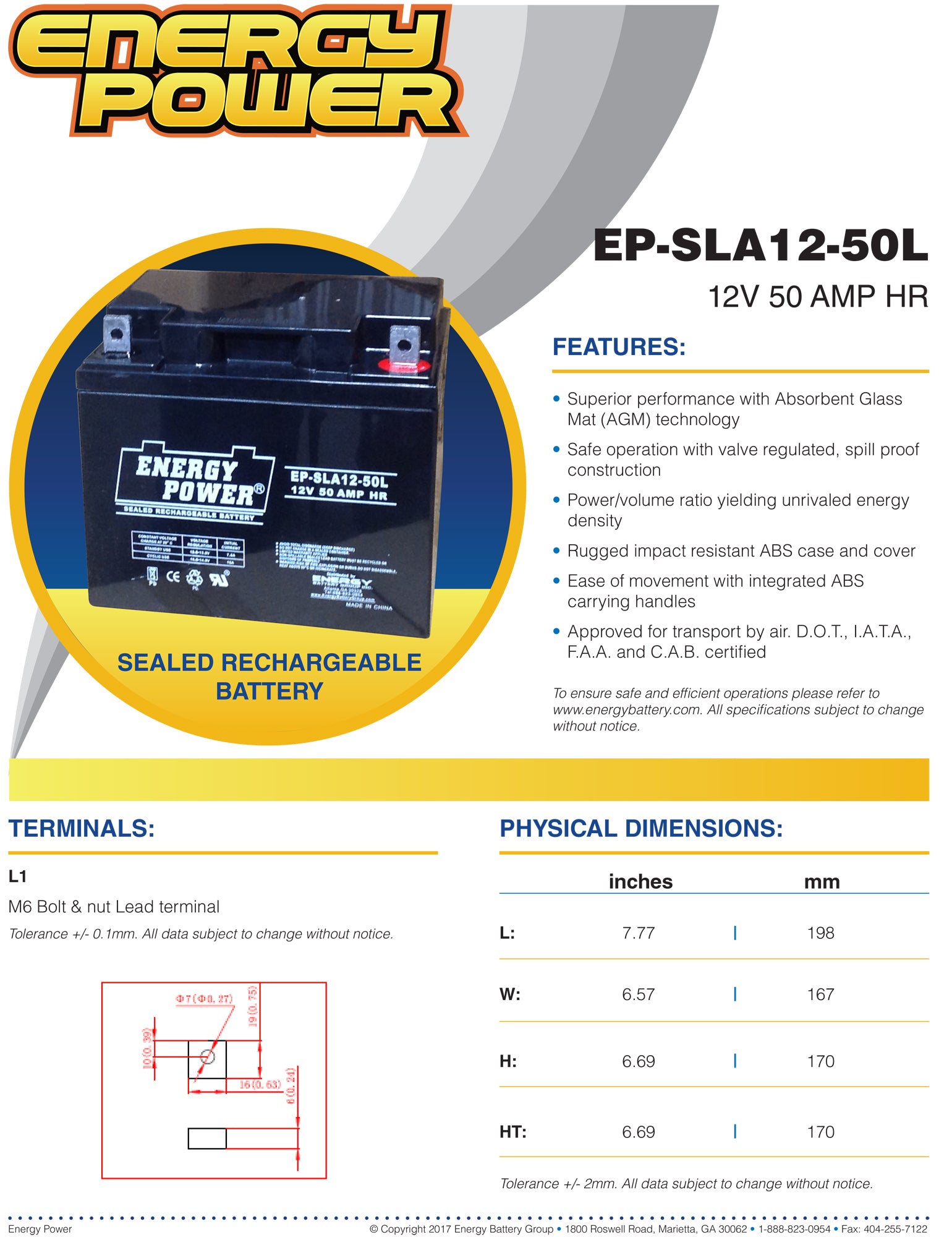 Energy Power 12V, 50AH SLA AGM Battery - L Terminals (M6)
