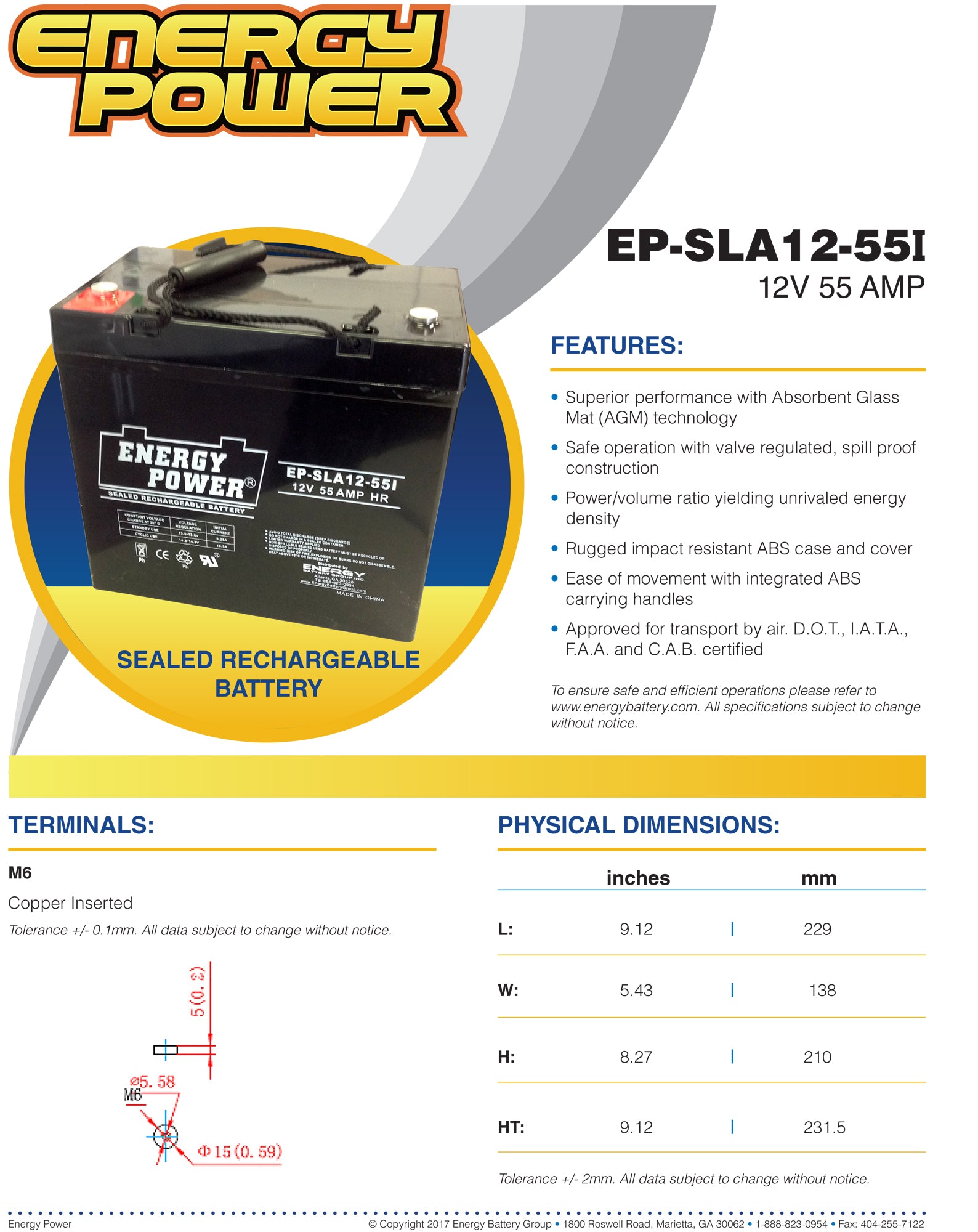 Energy Power 12V, 55AH SLA AGM Battery (22NF) - Internal Threaded Terminals (M6)