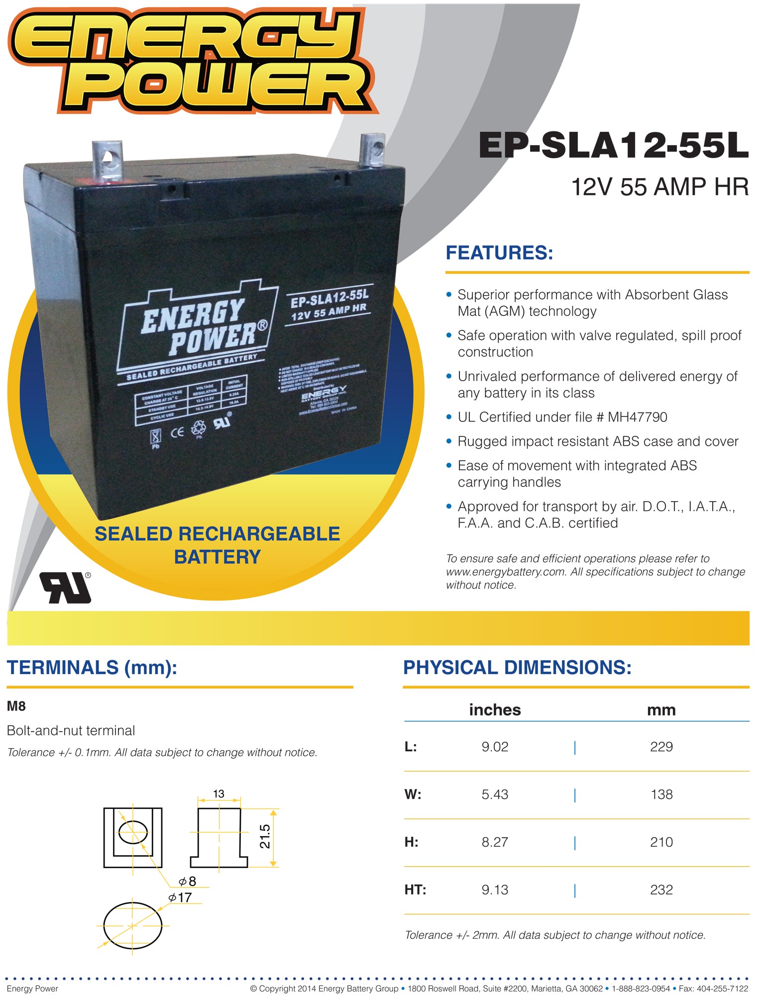 Energy Power 12V, 55AH SLA AGM Battery (22NF) - L Terminals (M8)