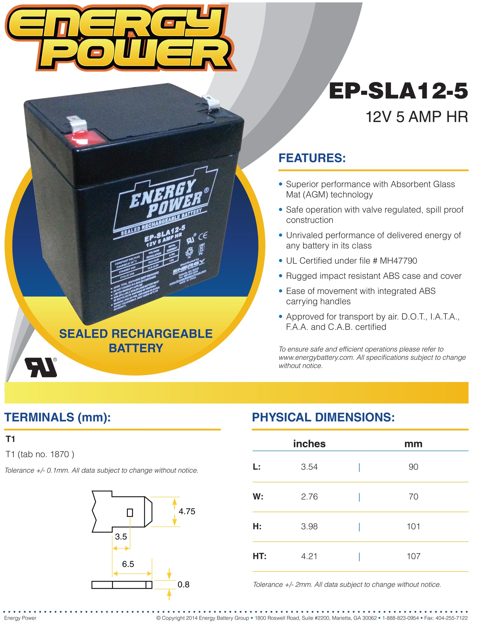 Energy Power 12V, 5AH SLA AGM Battery - T1 Push-on Terminals (.187")