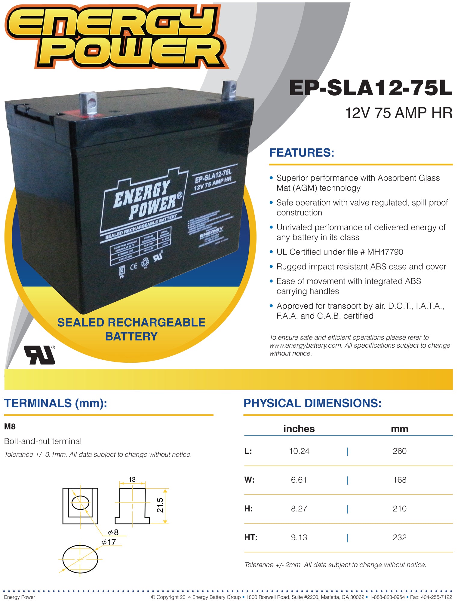 Energy Power 12V, 75AH SLA AGM Battery (24) - L Terminals (M8)