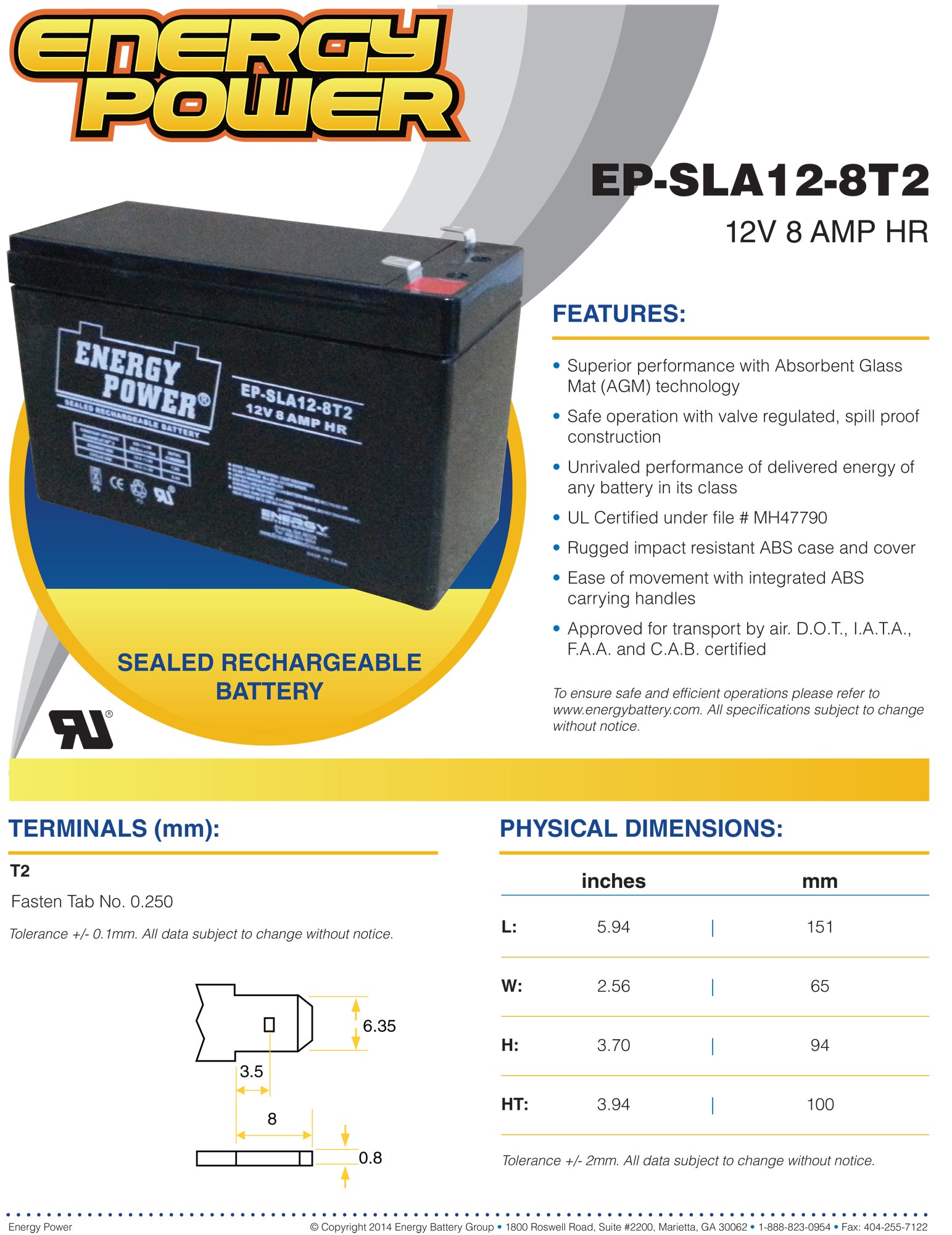 Energy Power 12V, 8AH SLA AGM Battery - T2 Push-on Terminals (.250")