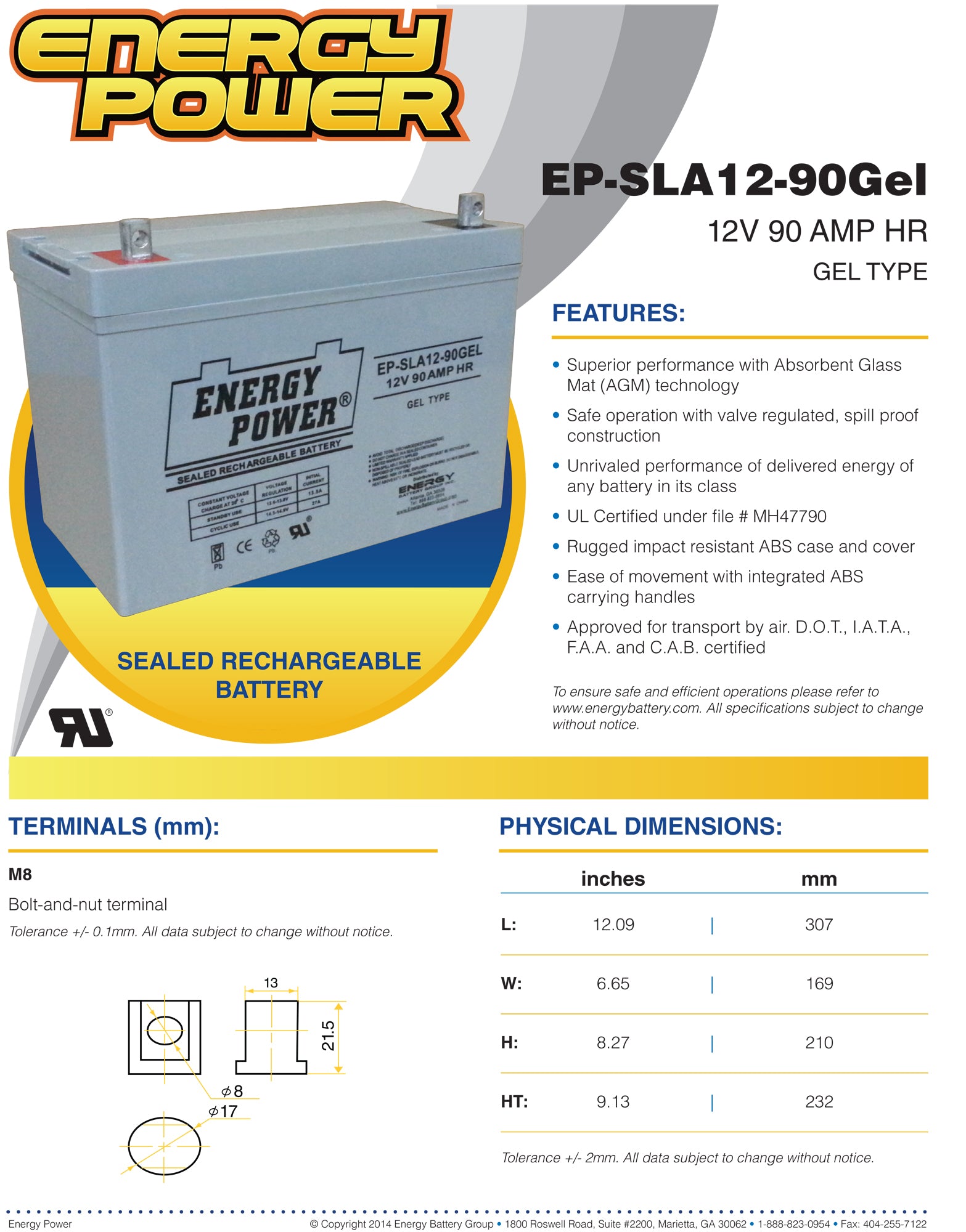 Energy Power 12V, 90AH SLA GEL Battery (27) - B1 Terminals (M8 Nut & Bolt)
