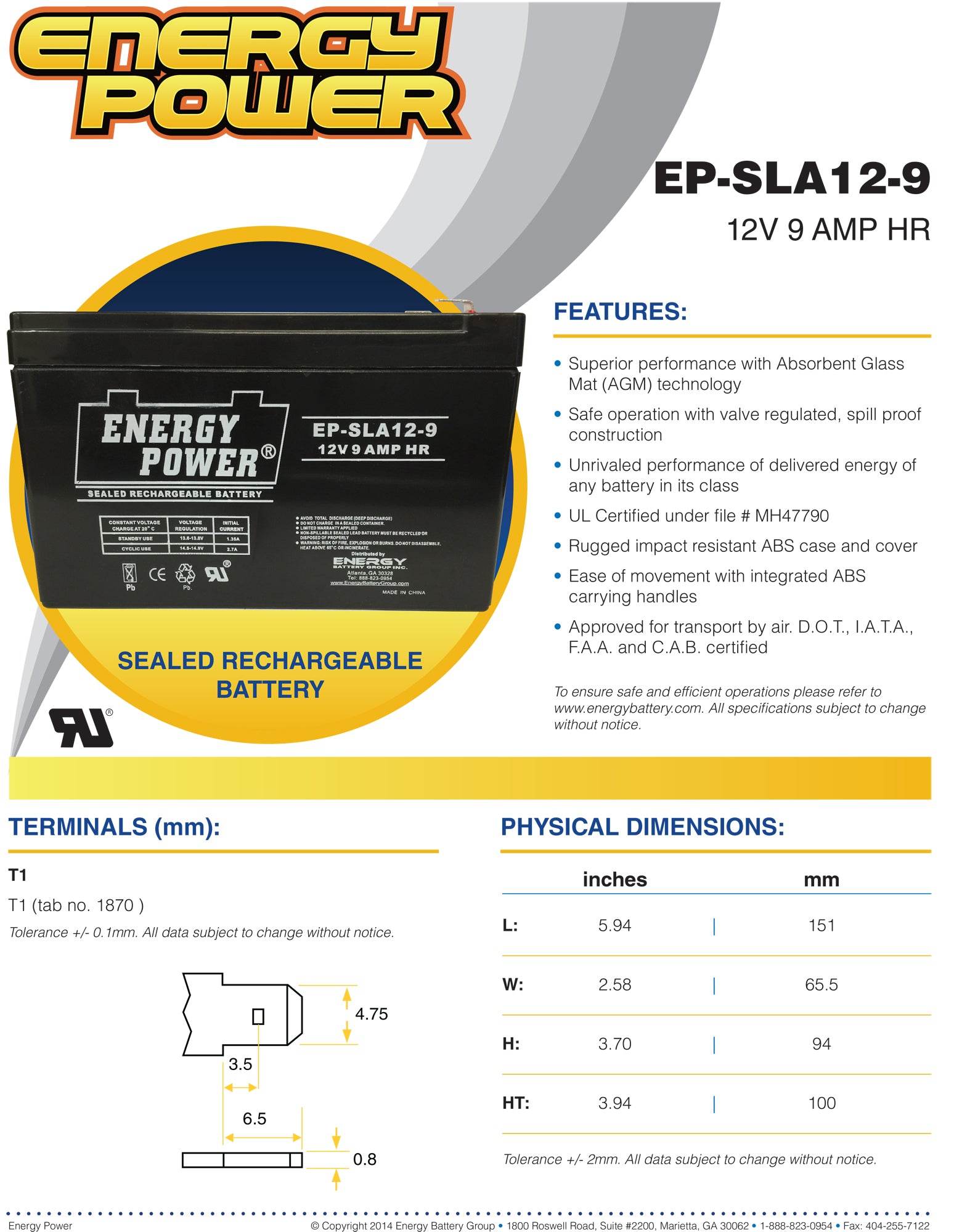 Energy Power 12V, 9AH SLA AGM Battery - T1 Push-on Terminals (.187")