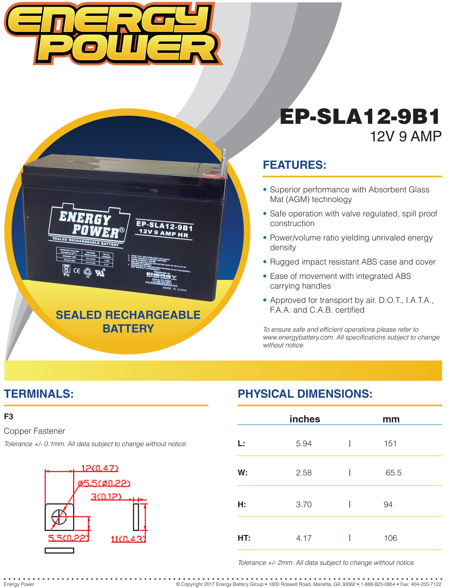 Energy Power 12V, 9AH SLA AGM Battery - B1 Terminals (M5 Nut & Bolt)