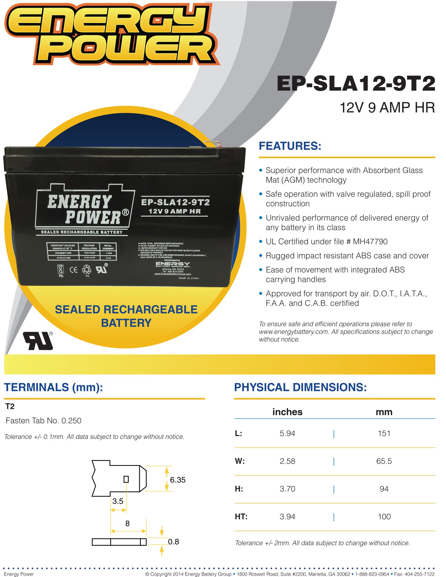 Energy Power 12V, 9AH SLA AGM Battery - T2 Push-on Terminals (.250")