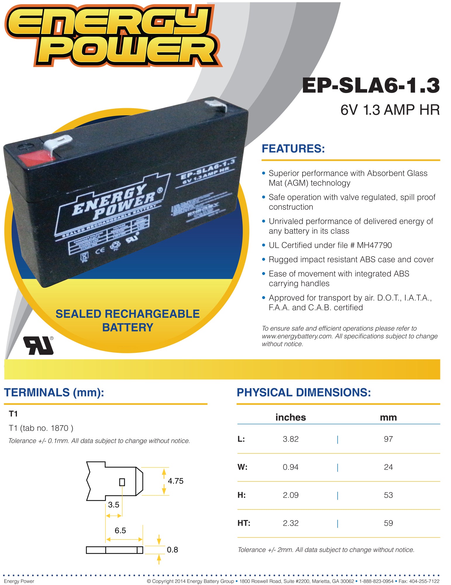 Energy Power 6V, 1.3AH SLA AGM Battery - T1 Push-on Terminals (.187")