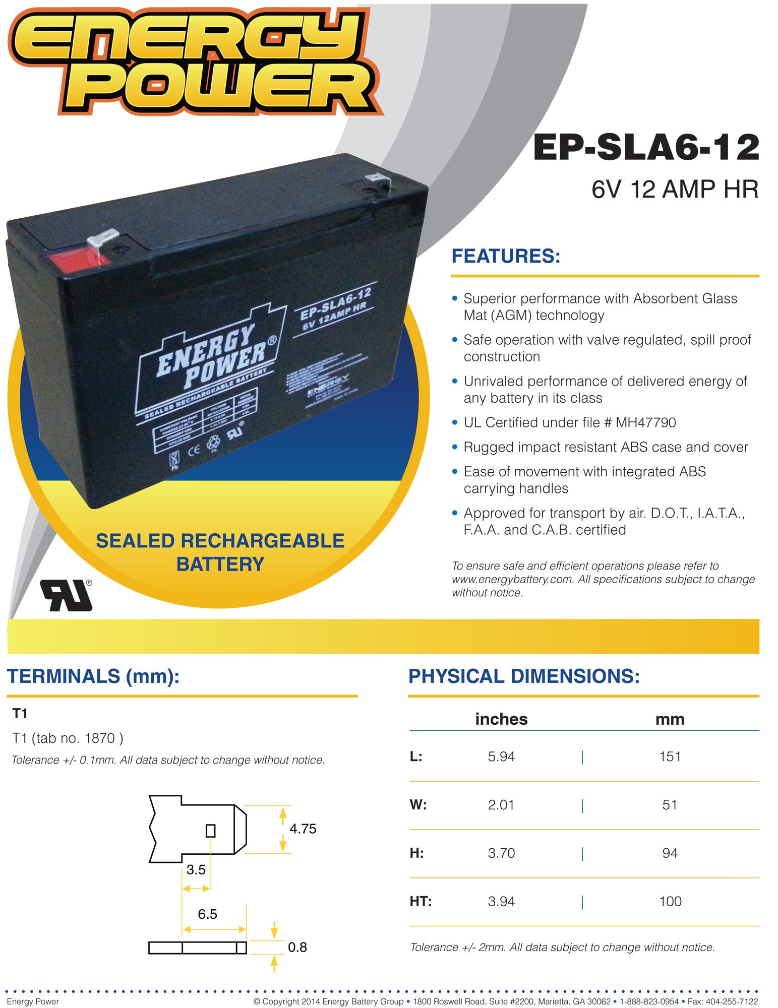 Energy Power 6V, 12AH SLA AGM Battery - T1 Push-on Terminals (.187")