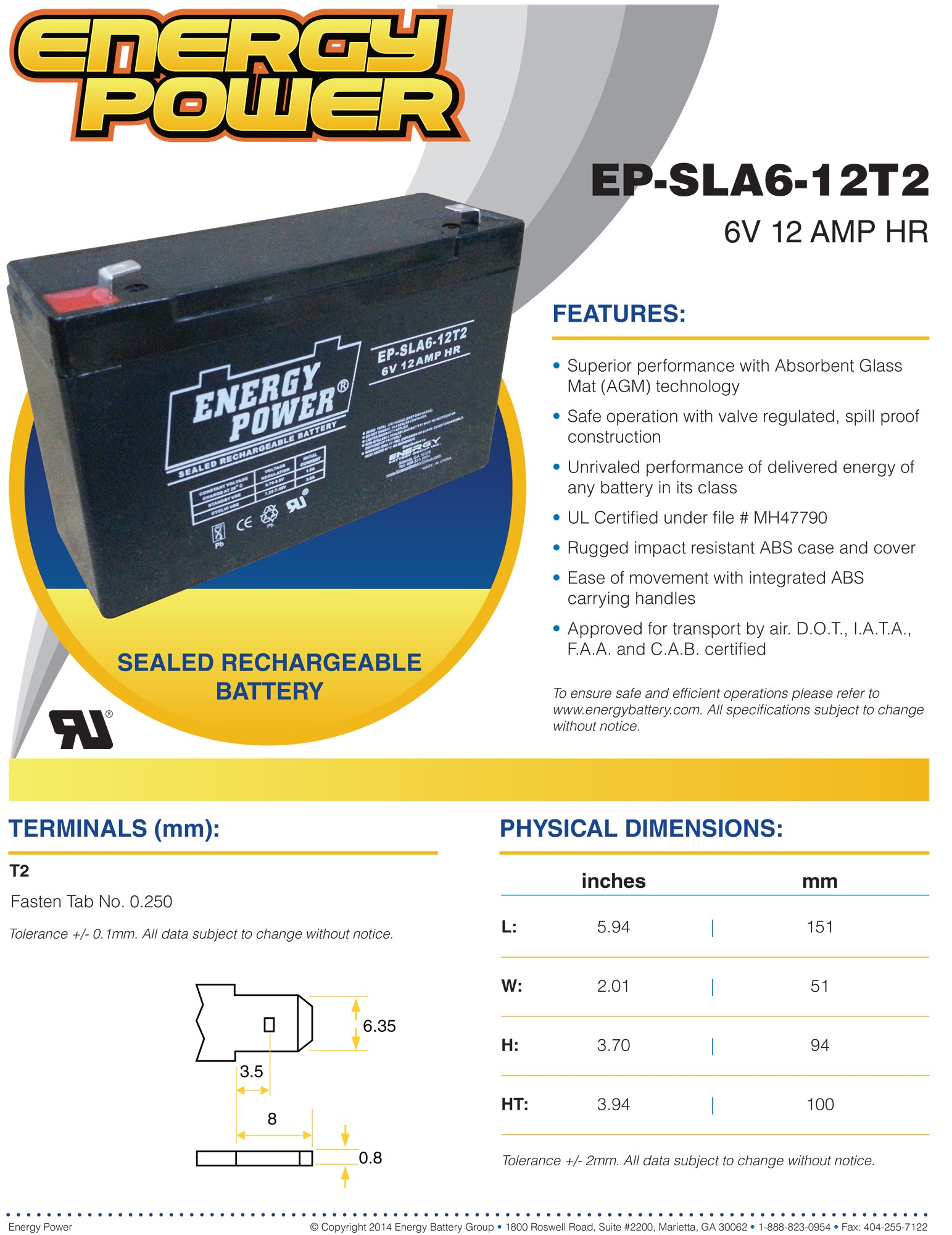 Energy Power 6V, 12AH SLA AGM Battery - T2 Push-on Terminals (.250")