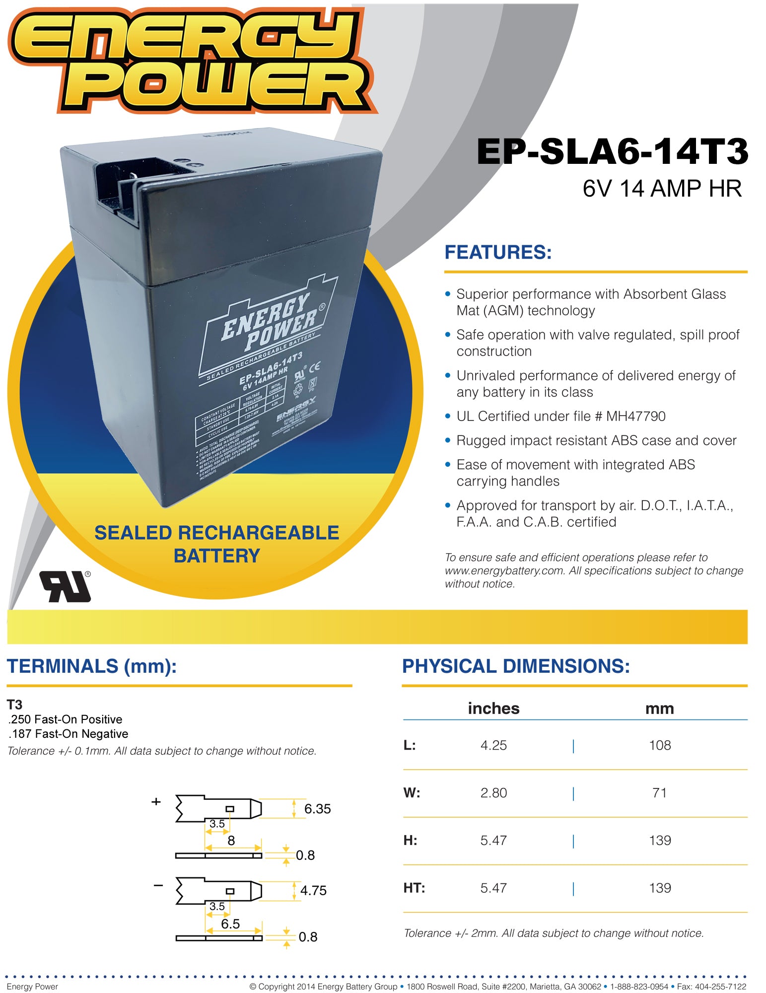 Energy Power 6V, 14AH SLA AGM Battery - T3 Push-on Terminals (.250" Pos & .187" Neg)