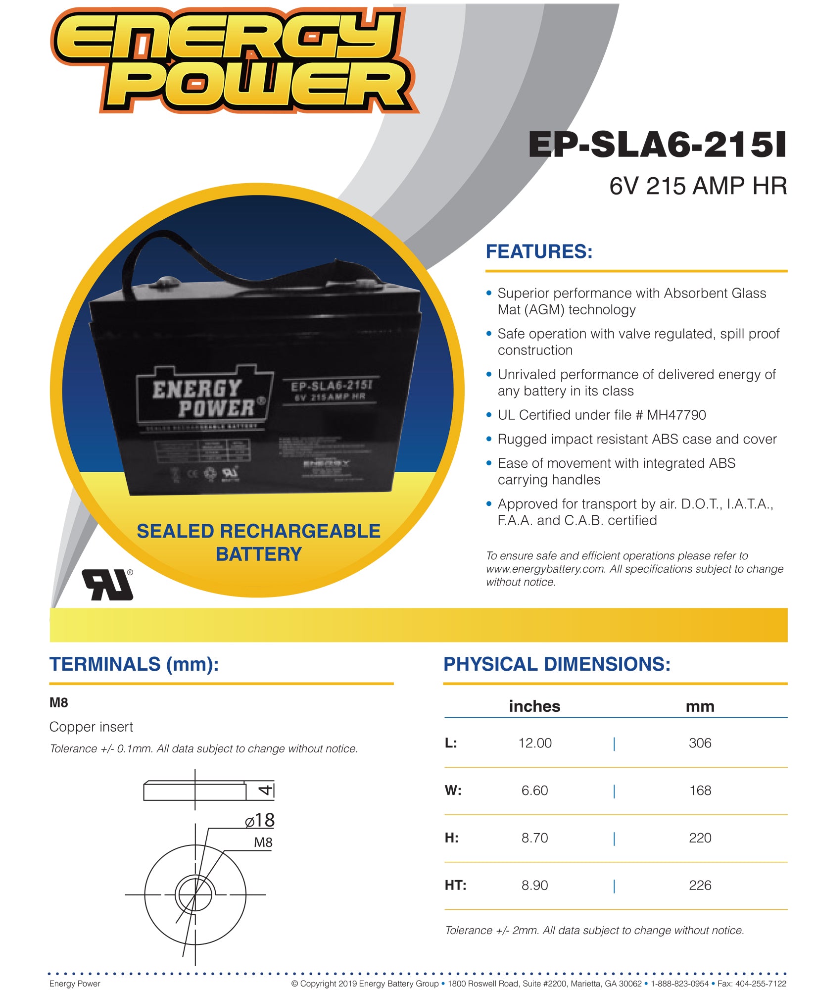 Energy Power 6V, 215AH SLA AGM Battery (27-6V) - Internal Threaded Terminals (M8)