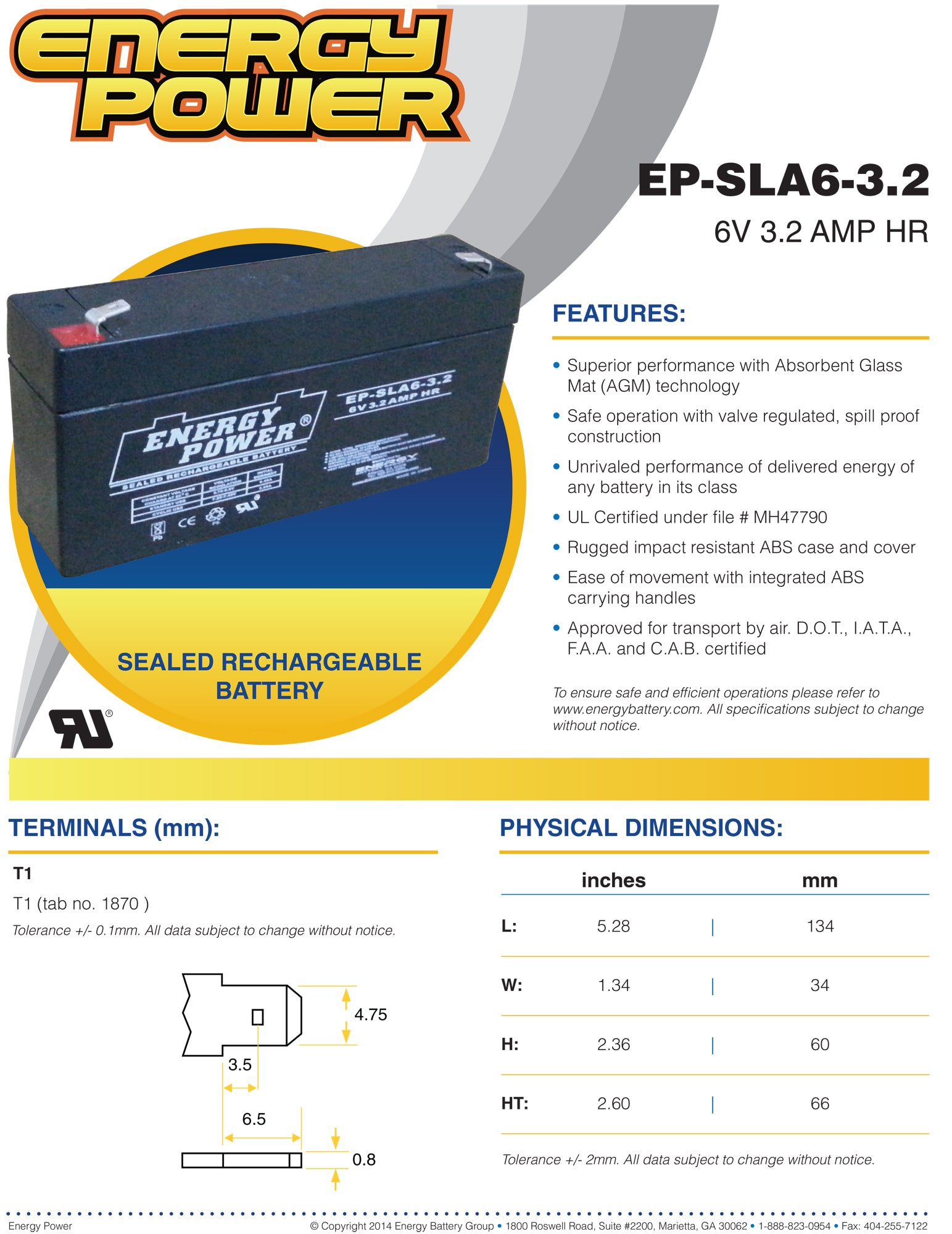 Energy Power 6V, 3.4AH SLA AGM Battery - T1