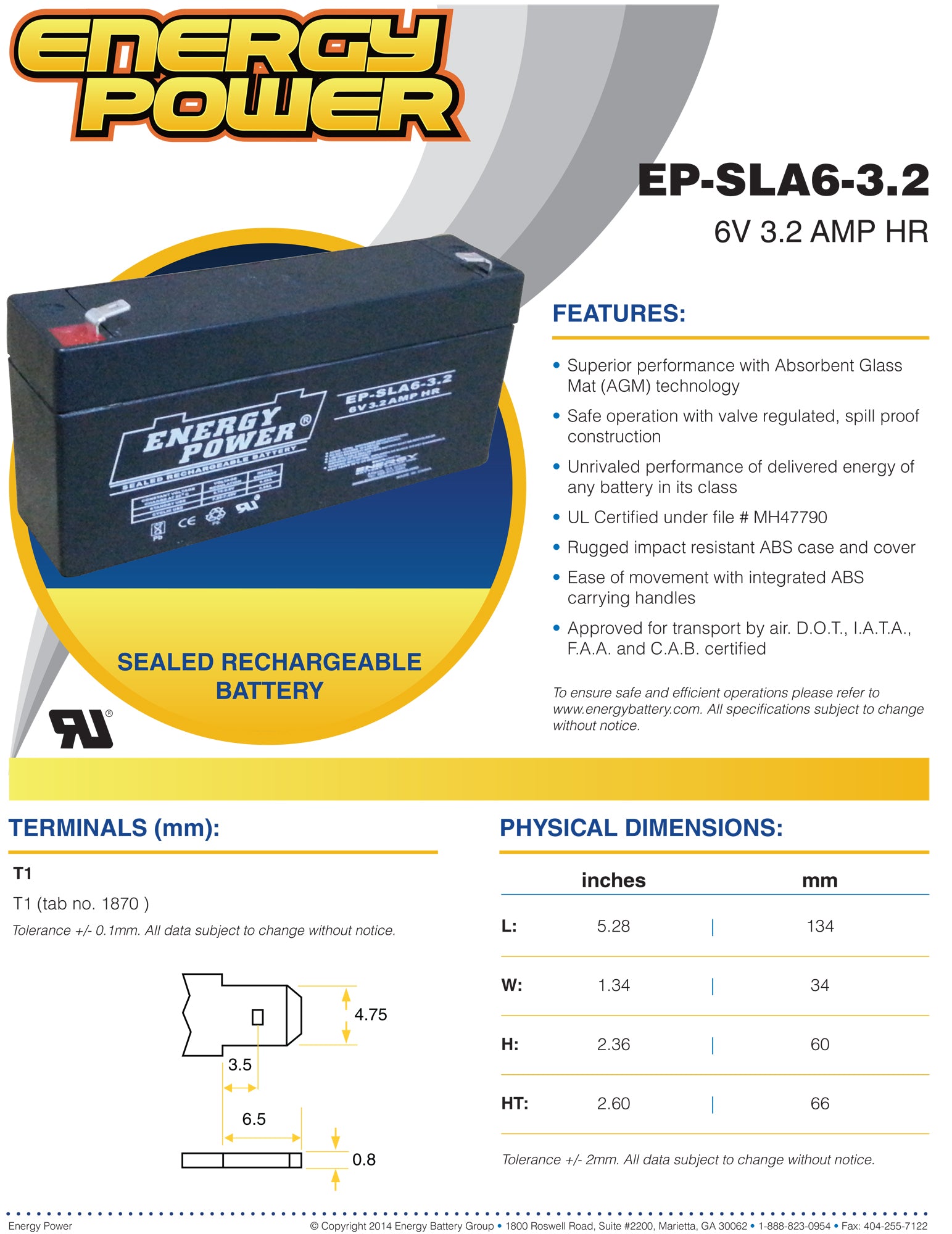 Energy Power 6V, 3.4AH SLA AGM Battery - T1 Push-on Terminals (.187")