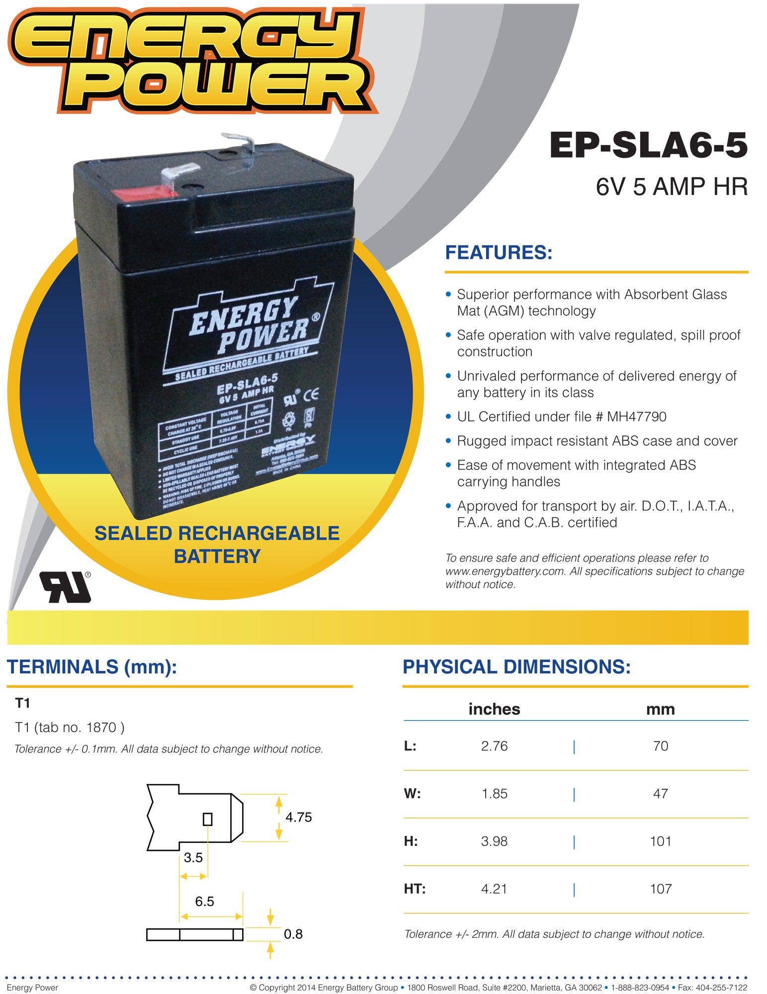 Energy Power 6V, 5AH SLA AGM Battery - T1 Push-on Terminals (.187")