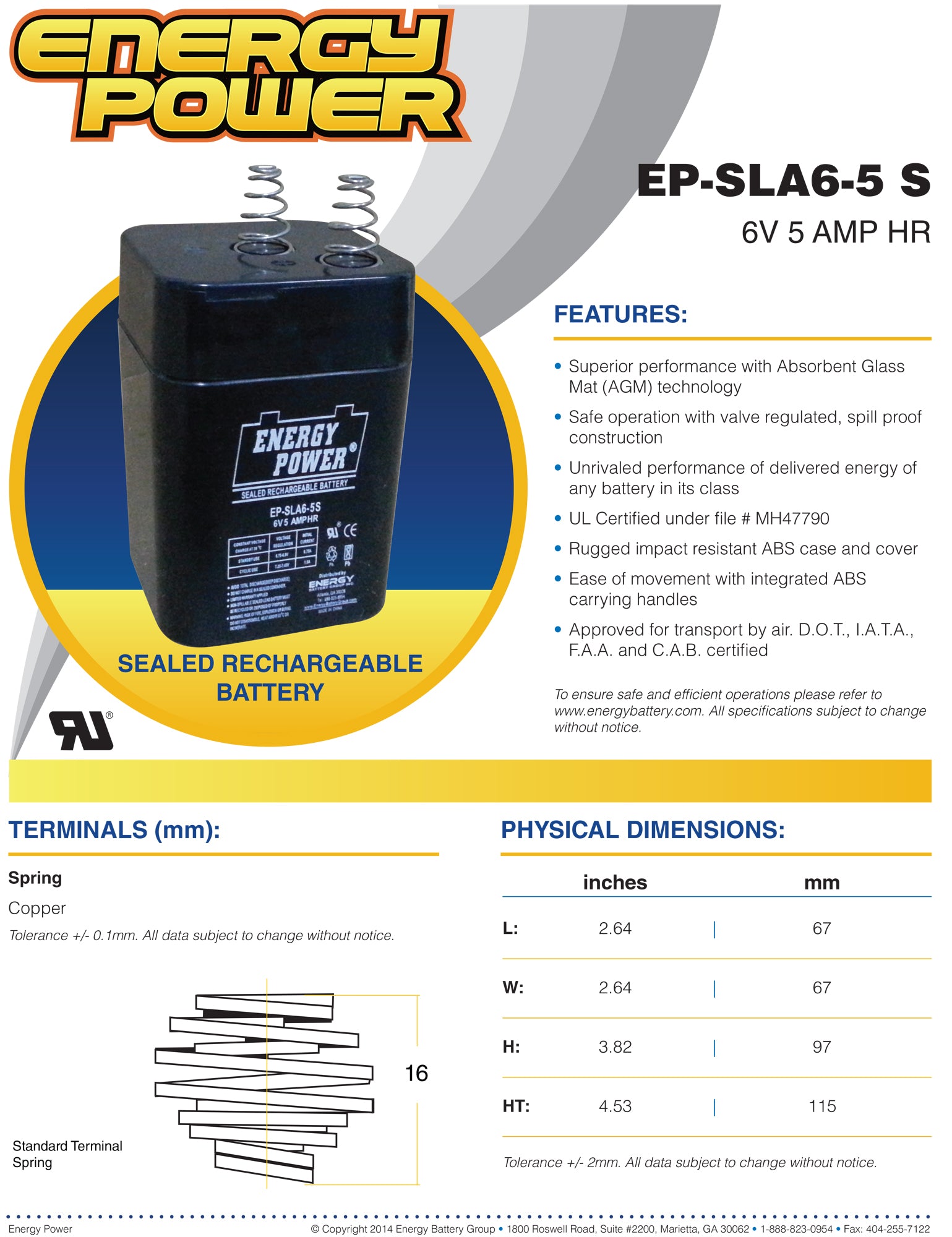 Energy Power 6V, 5AH SLA AGM Battery - SPRING Terminals