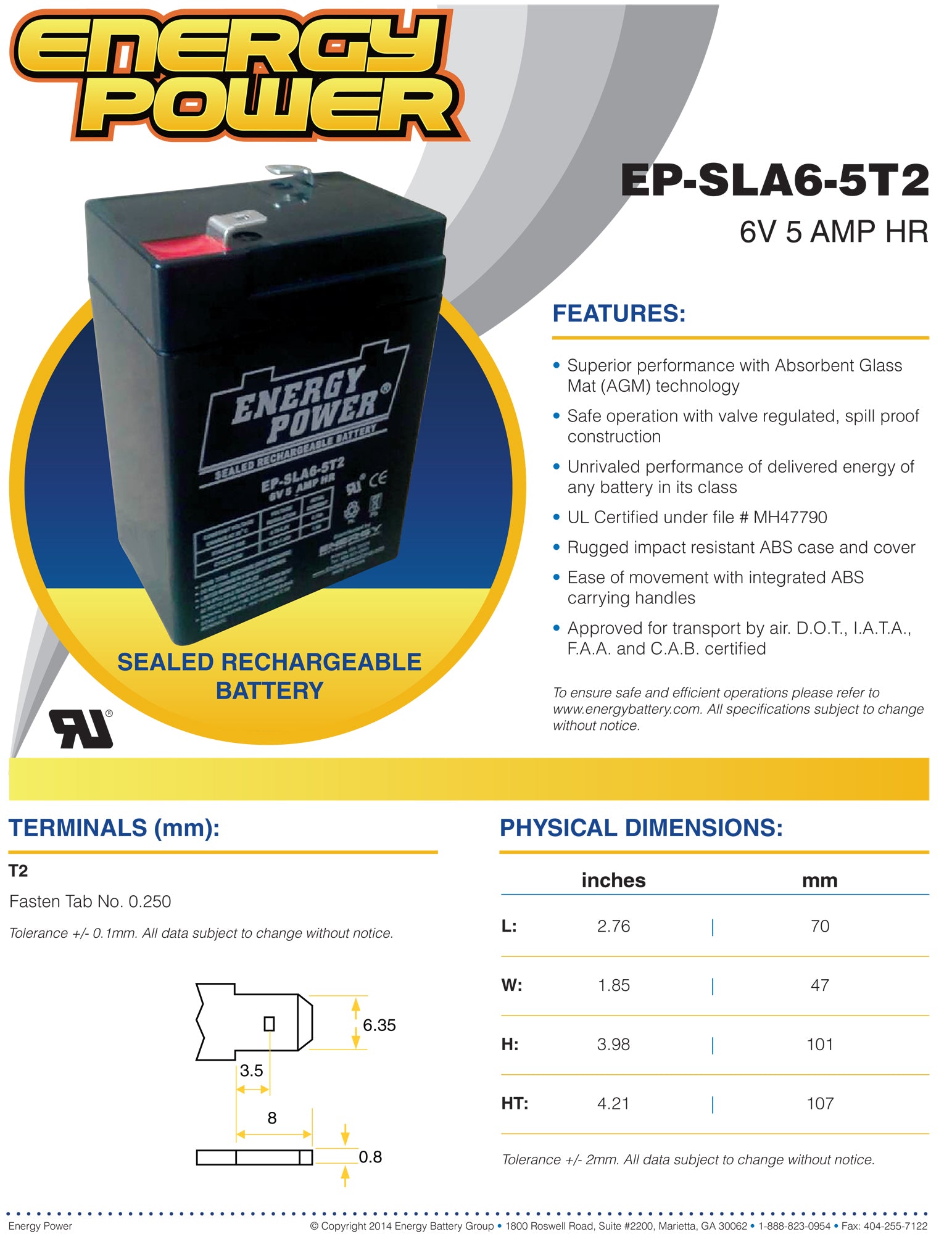 Energy Power 6V, 5AH SLA AGM Battery - T2 Push-on Terminals (.250")