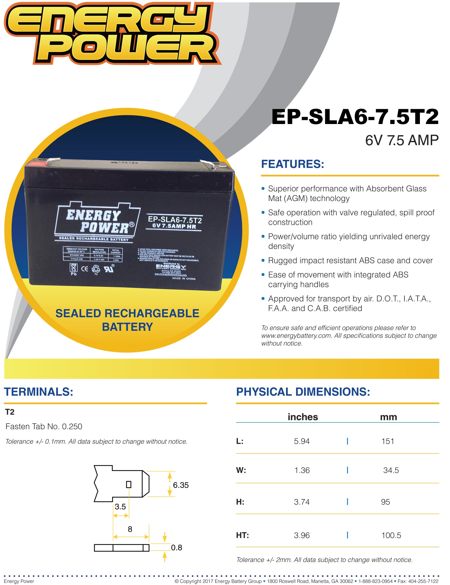 Energy Power 6V, 7.5AH SLA AGM Battery - T2 Push-on Terminals (.250")