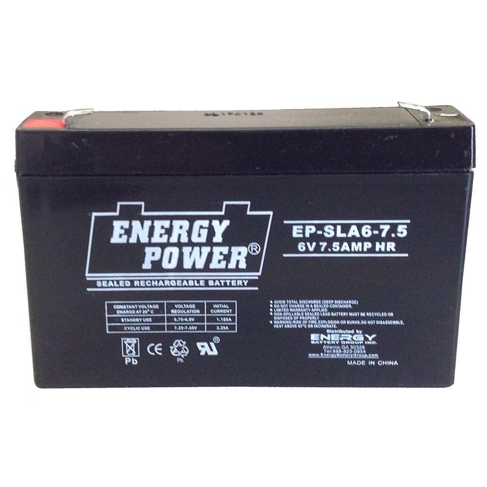 Energy Power 6V, 7.5AH SLA AGM Battery - T1 Push-on Terminals (.187")